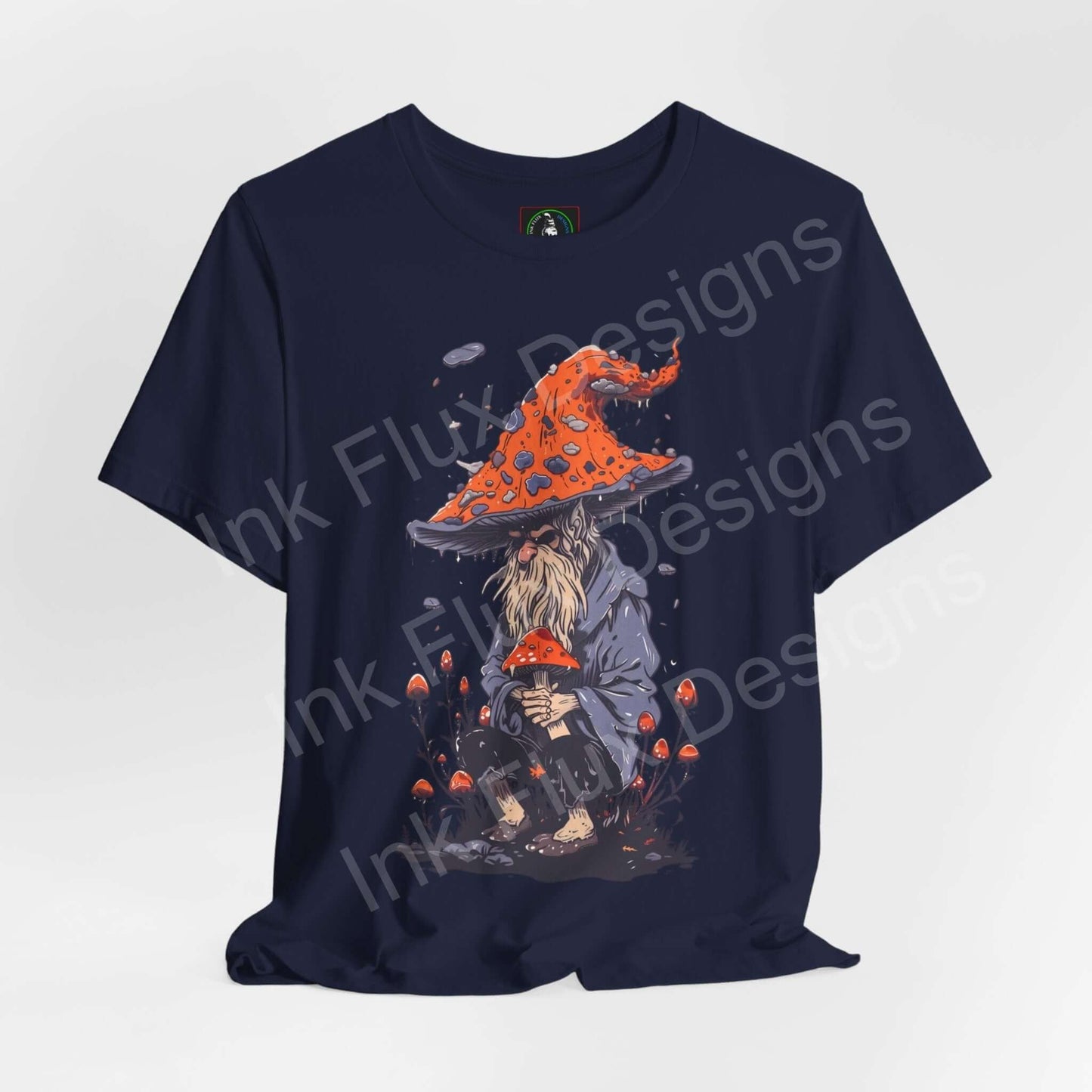 Navy blue unisex T-shirt featuring a trippy graphic of a wizard with a mushroom hat, made from soft Airlume cotton by Bella+Canvas.