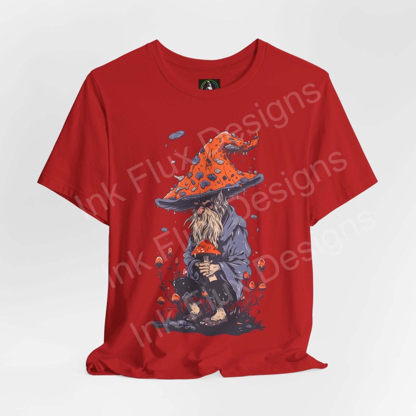 Red Wise Wizard II graphic tee featuring a trippy, psychedelic design with a wizard and mushrooms, crafted from breathable cotton.