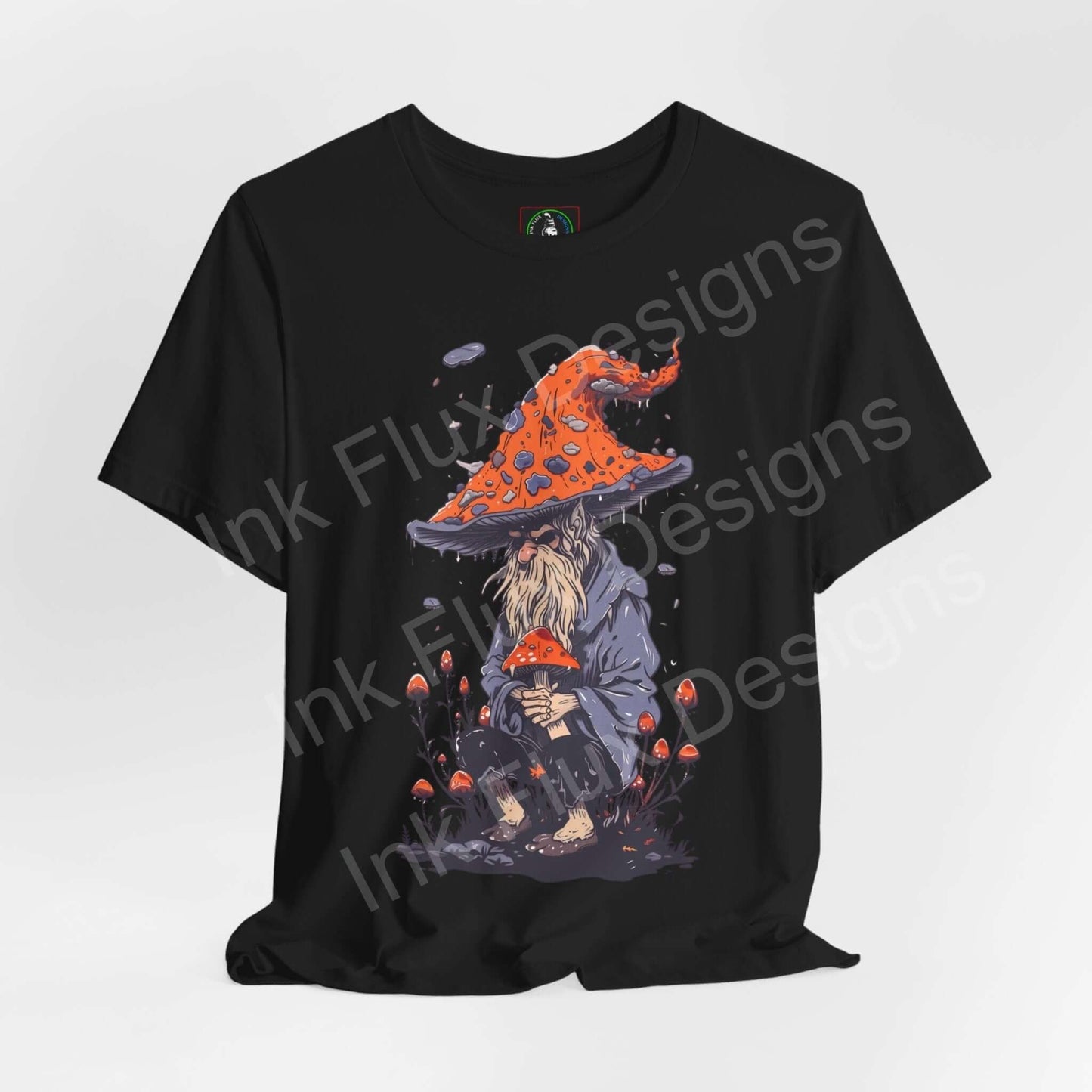Black unisex T-shirt featuring a bold psychedelic wizard graphic with a vibrant red mushroom hat, part of the Wise Wizard II collection.