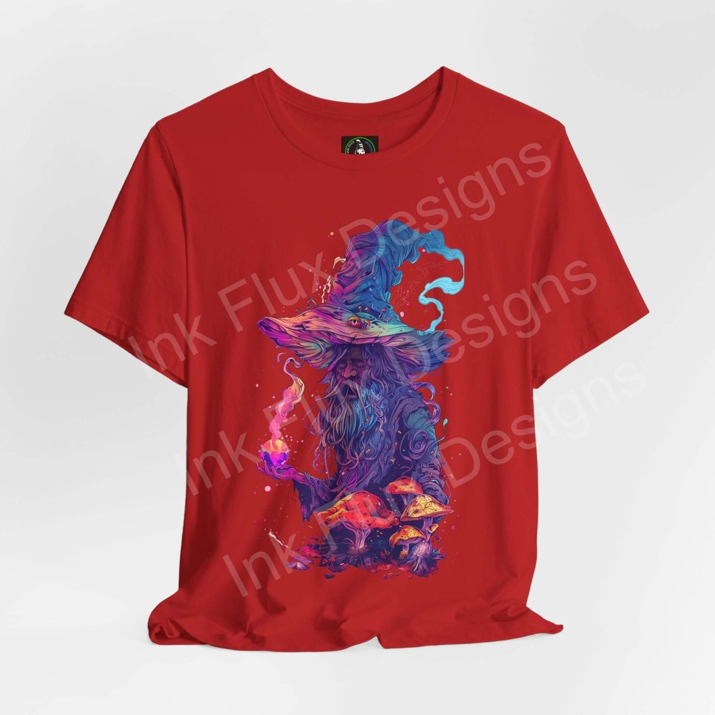 Red Wise Wizard unisex T-shirt featuring a bold, psychedelic graphic of a wizard in vibrant blue and purple hues, made from sustainable Airlume cotton.