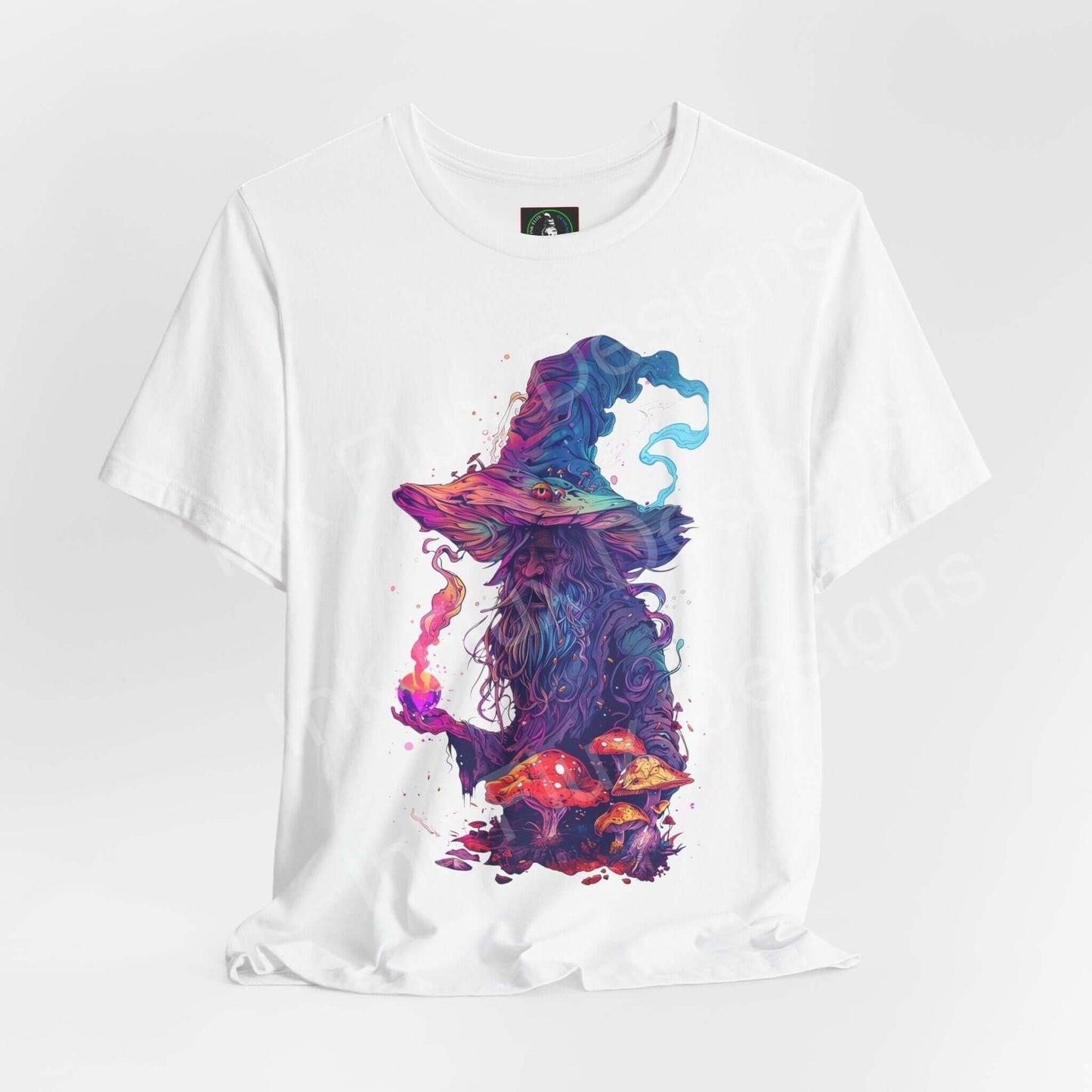 Unisex white T-shirt with a bold, psychedelic graphic of a wizard in vibrant colors, featuring trippy, swirling designs perfect for any graphic tee enthusiast.