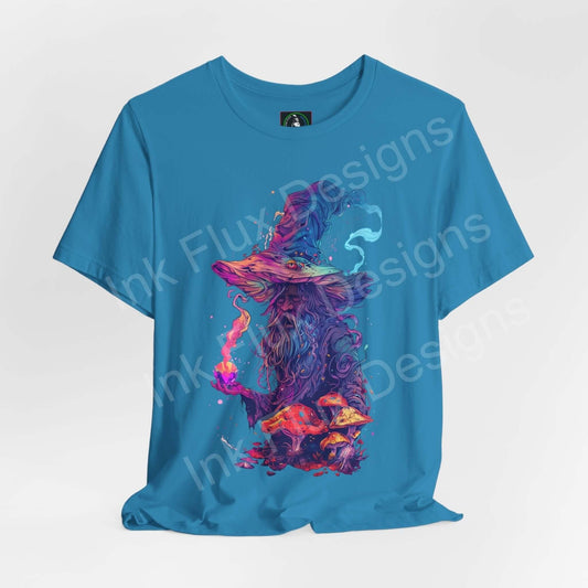 Trippy blue T-shirt featuring a bold psychedelic graphic of a wizard with vibrant, swirling colors on breathable cotton fabric.