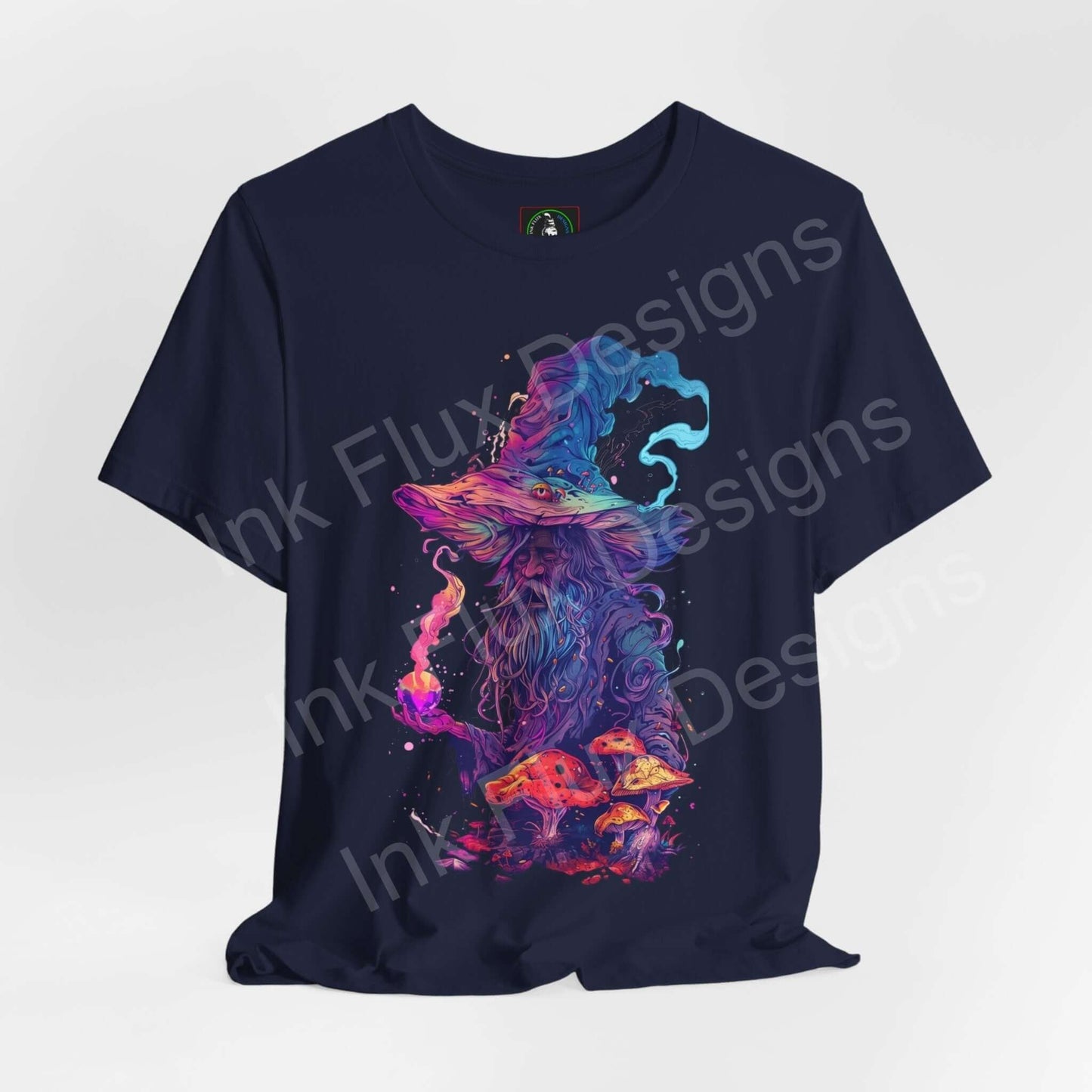 Wise Wizard unisex T-shirt featuring a bold, psychedelic graphic with vibrant colors on dark fabric, perfect for trippy and stylish looks.