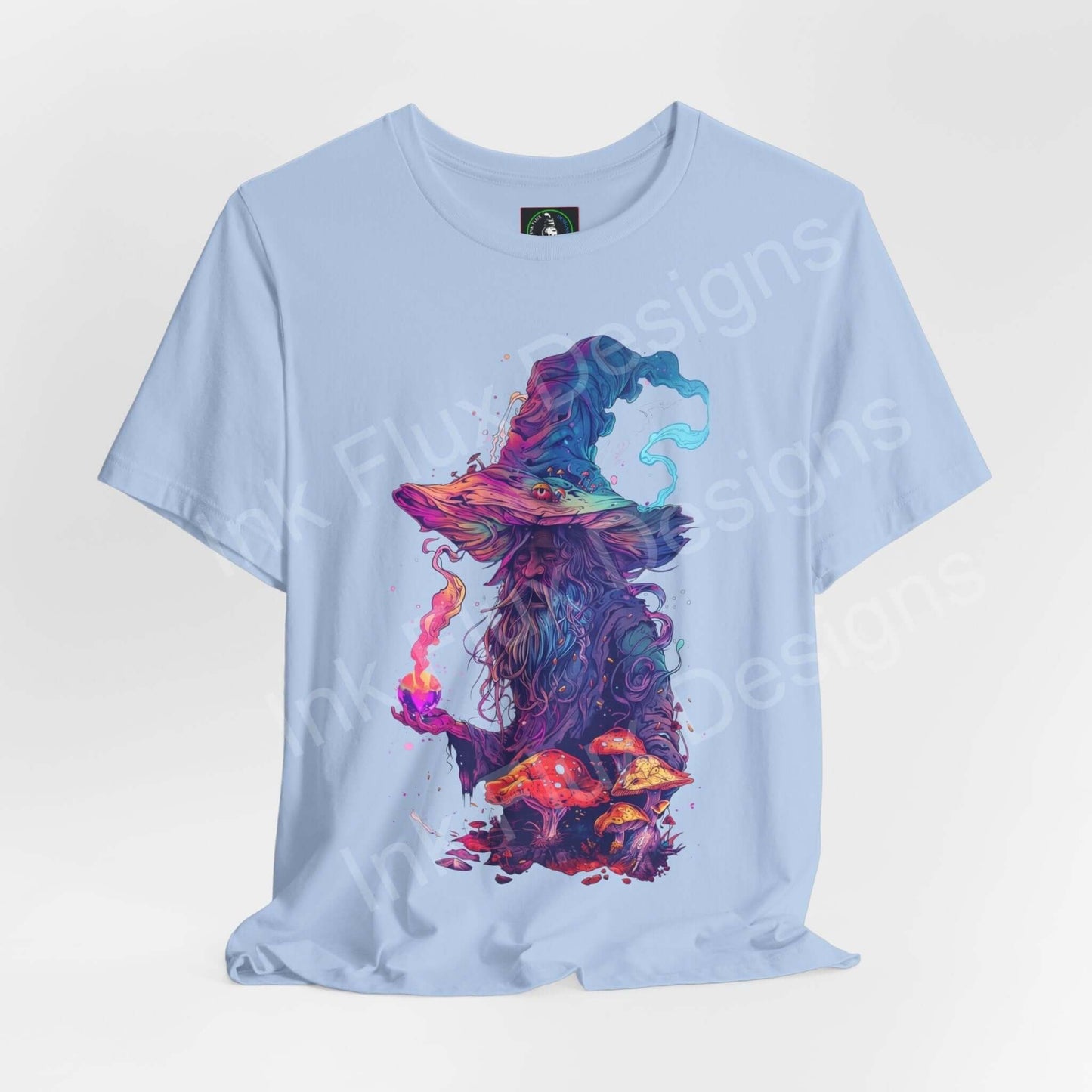 Light blue unisex jersey T-shirt featuring a bold, psychedelic graphic of a wizard in vibrant colors, ideal for a trippy, stylish look.