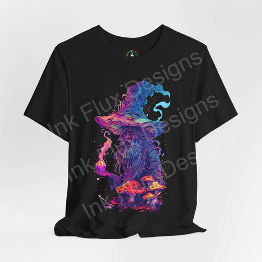 "Wise Wizard psychedelic trippy T-shirt featuring bold, vibrant graphics of a wizard and mystical elements on black unisex tee by Bella+Canvas."