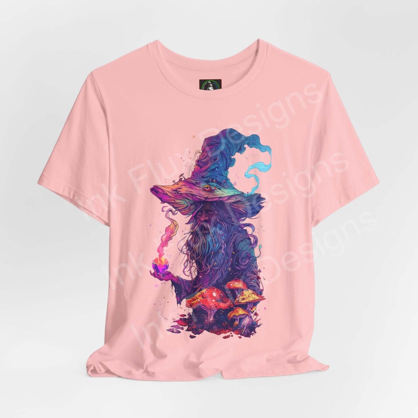 Pink Wise Wizard graphic tee featuring bold, trippy psychedelic artwork on unisex Airlume cotton shirt by Bella+Canvas.