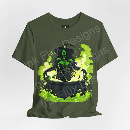 Olive green Halloween T-shirt featuring a graphic of a witch in a cauldron with glowing green potion, ideal for Halloween-themed graphic tees.