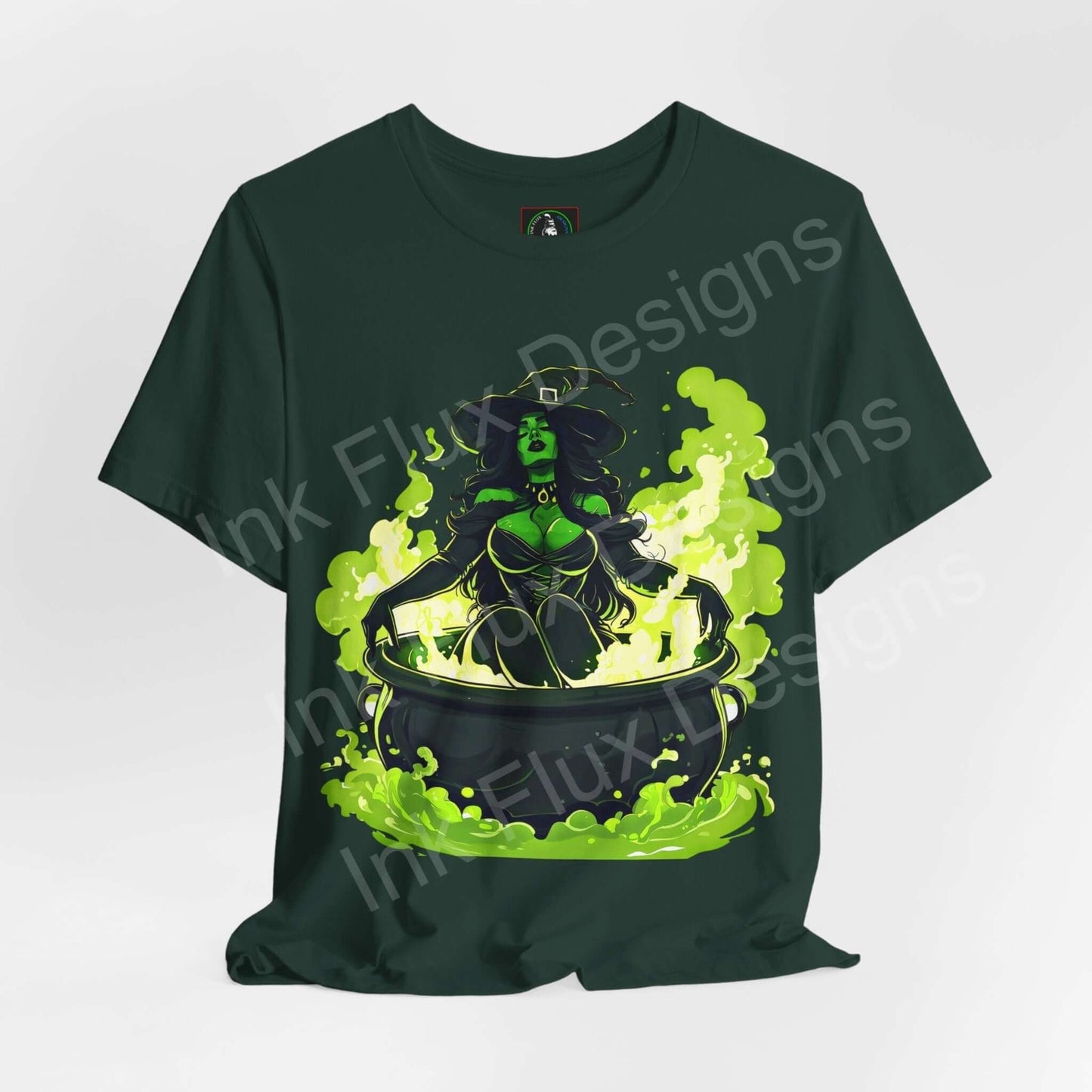 Halloween-themed green T-shirt featuring a graphic of a witch brewing a potion in a cauldron, ideal for Halloween and casual wear.