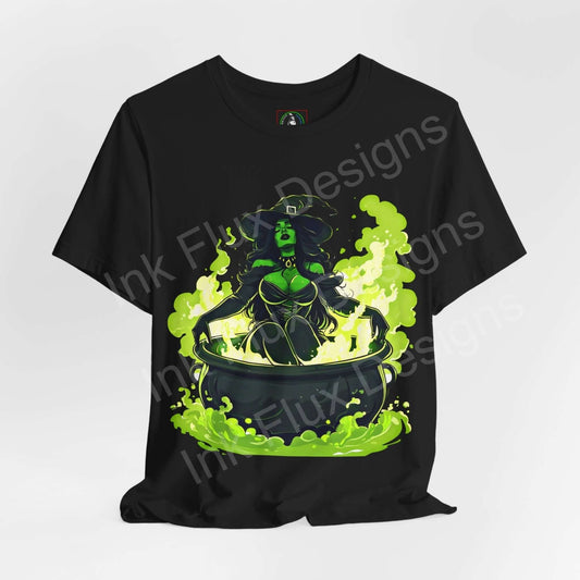 Halloween-themed black T-shirt featuring a graphic of a witch in a cauldron with green smoke, perfect for Halloween.