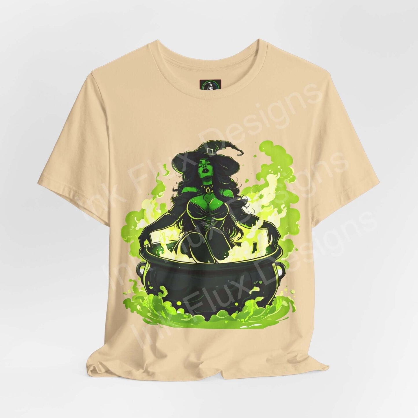 Halloween-themed graphic tee featuring a witch stirring a cauldron, on a beige cotton T-shirt, ideal for Halloween events.