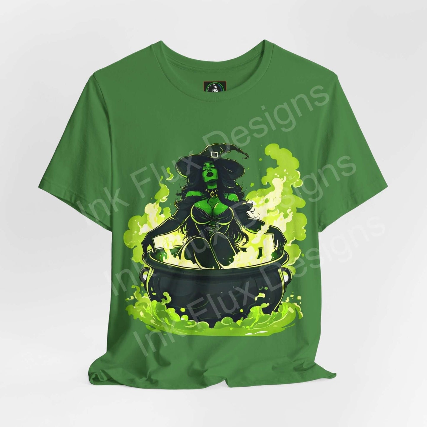 Green Halloween-themed T-shirt featuring a graphic of a witch brewing a potion in a cauldron, ideal for Halloween and casual wear.