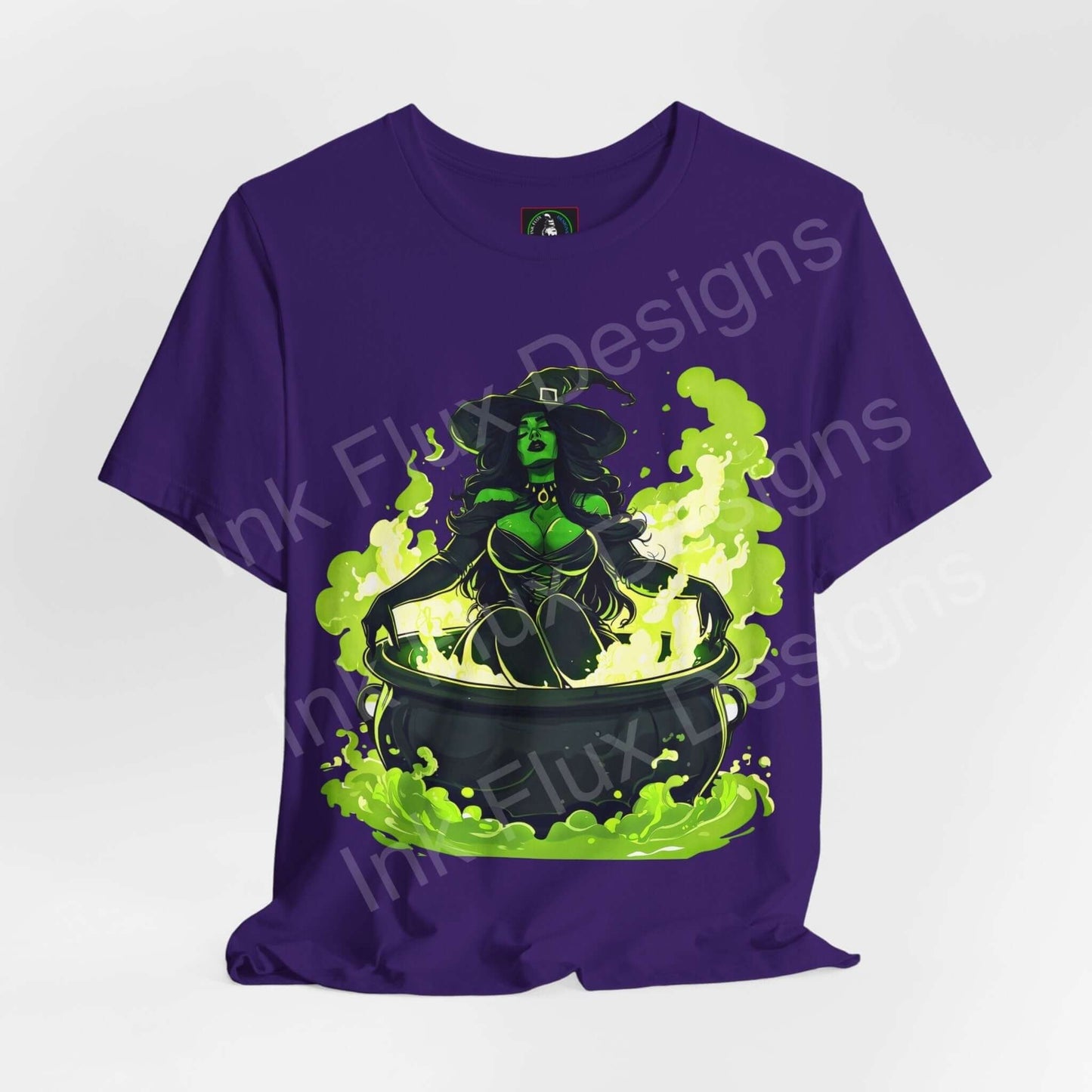 Purple Halloween T-shirt with graphic design of a witch brewing potion in a cauldron, surrounded by green smoke, ideal for Halloween-themed tees.