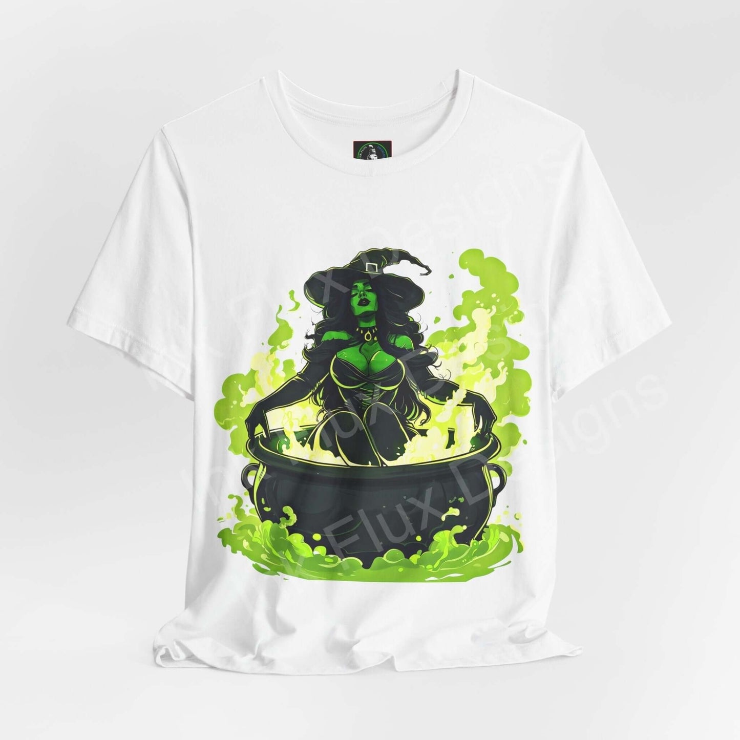 Halloween-themed graphic tee featuring a witch brewing a potion in a cauldron, crafted from sustainable Airlume cotton by Bella+Canvas.