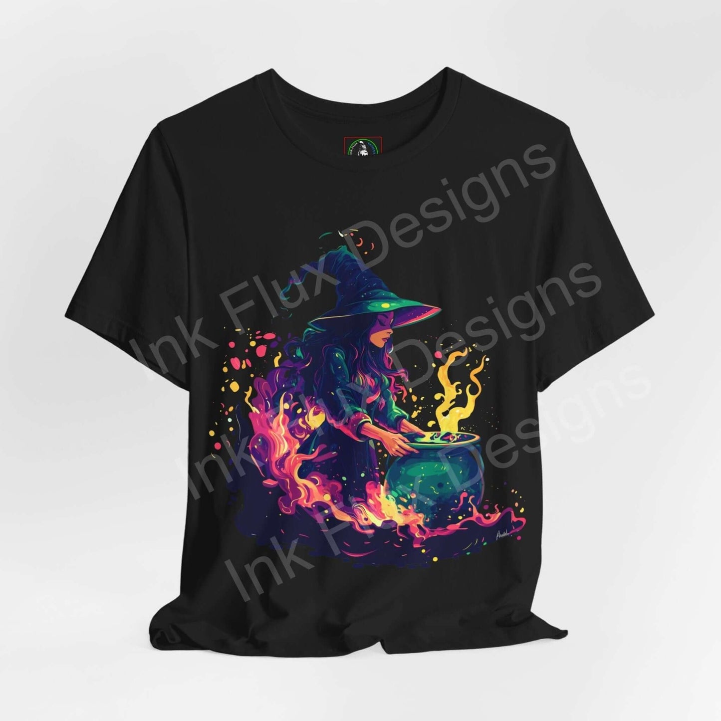 Halloween-themed graphic tee featuring a vibrant witch brewing a potion, unisex fit, ideal for any occasion.