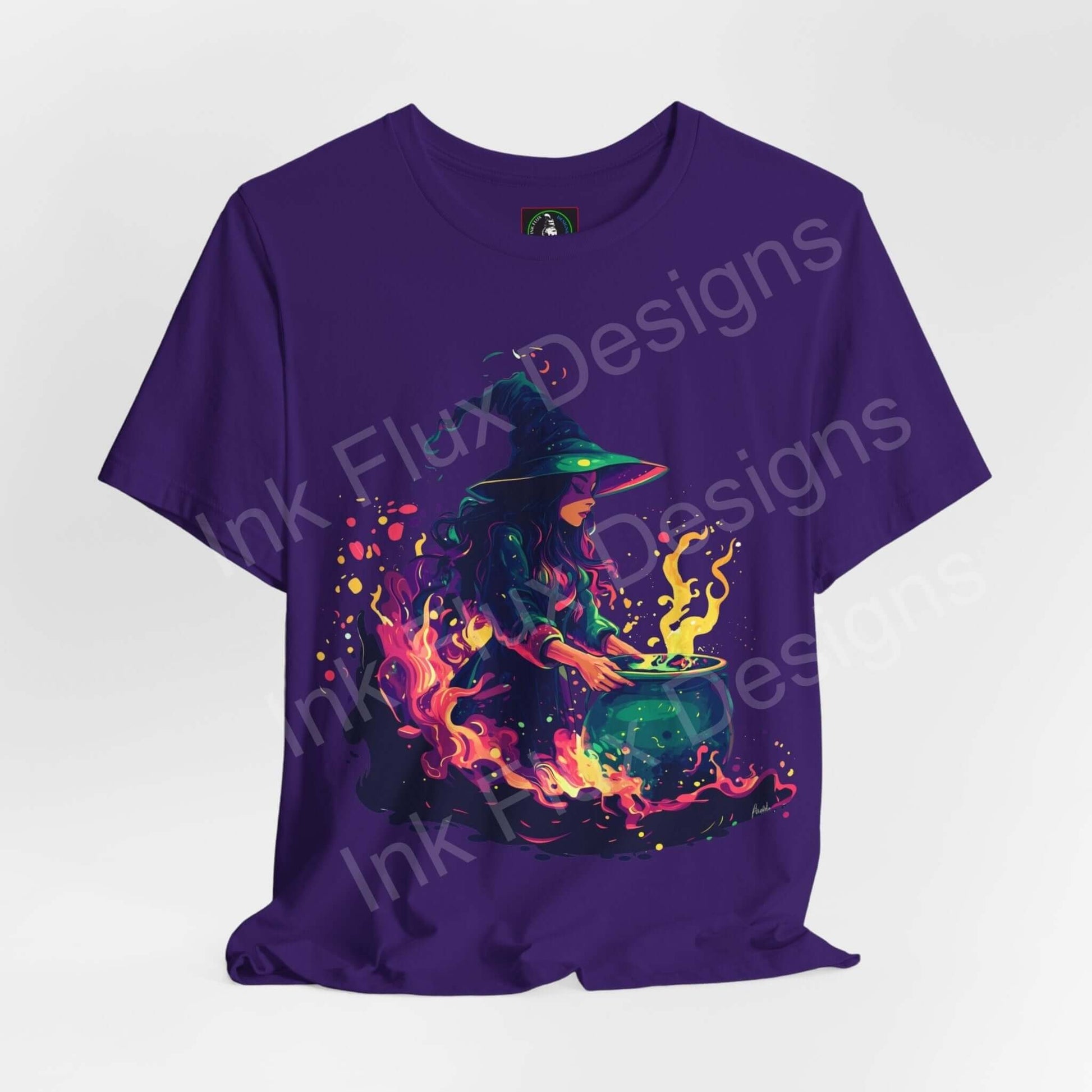 Halloween-themed graphic tee featuring a vibrant witch brewing a potion, in unisex fit, perfect for festive occasions.