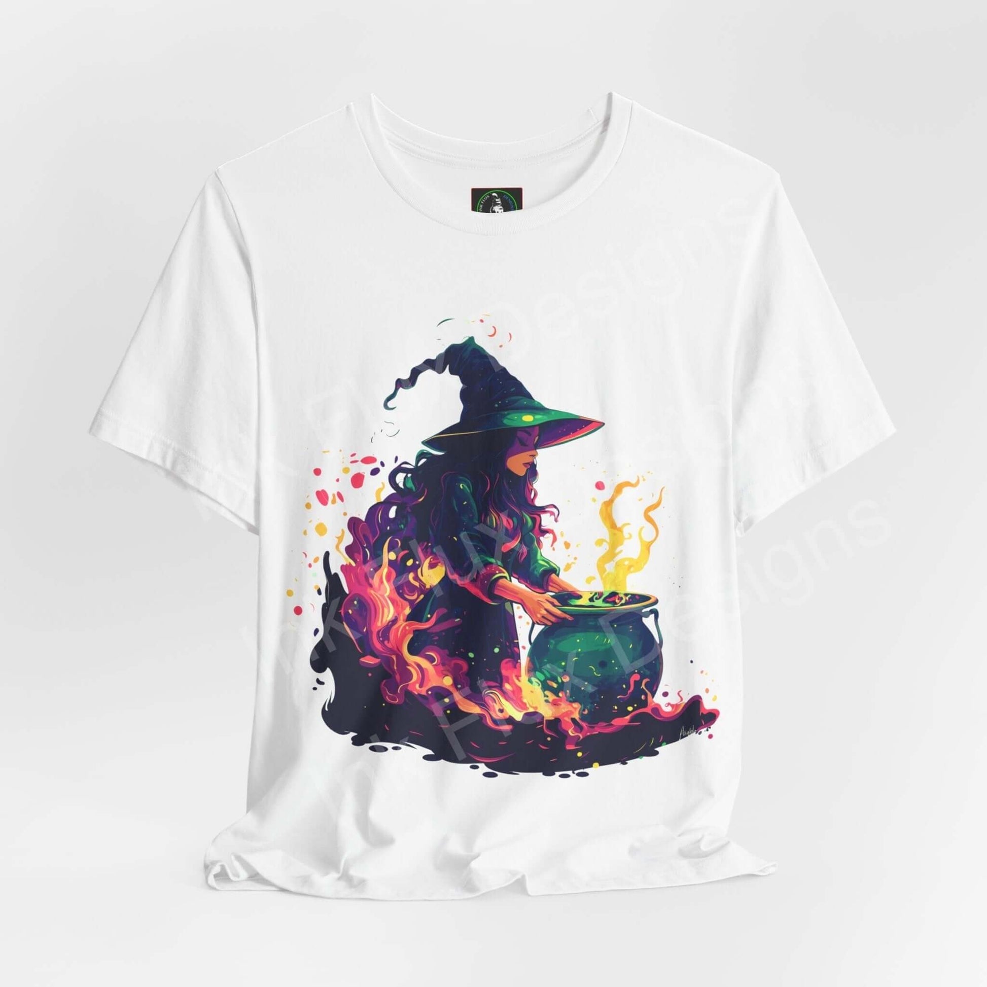 Halloween-themed graphic tee featuring a vibrant witch brewing a potion design, ideal for unisex casual wear.