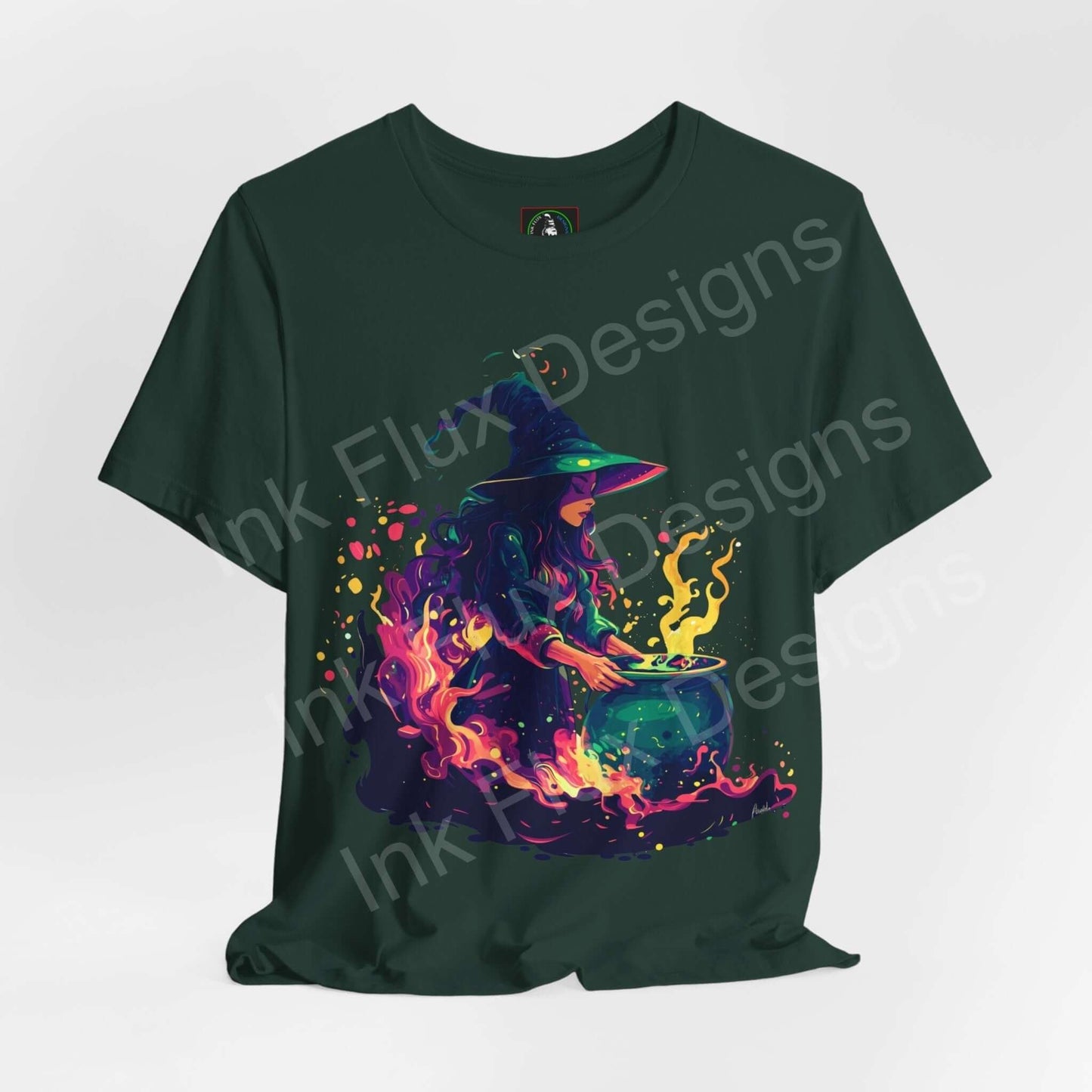 Graphic tee featuring a vivid witches brew design on a forest green shirt, ideal for Halloween and casual wear.