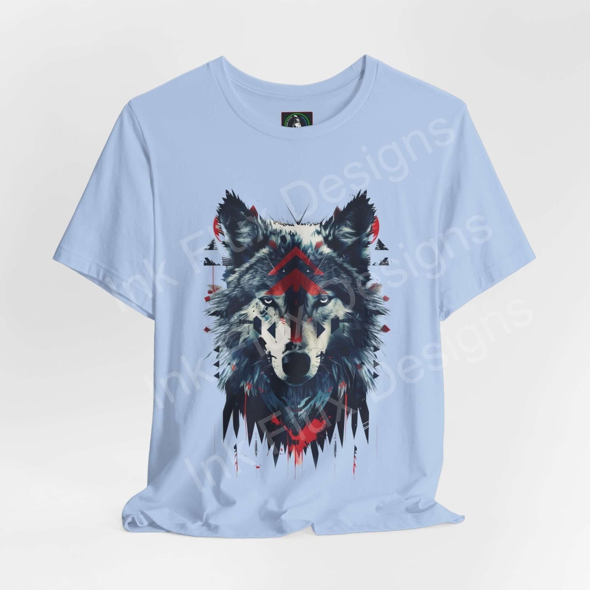 Light blue unisex T-shirt with a detailed graphic of a wolf spirit, showcasing ethereal animal art in vibrant colors, ideal for spirit animals and graphic tees enthusiasts.
