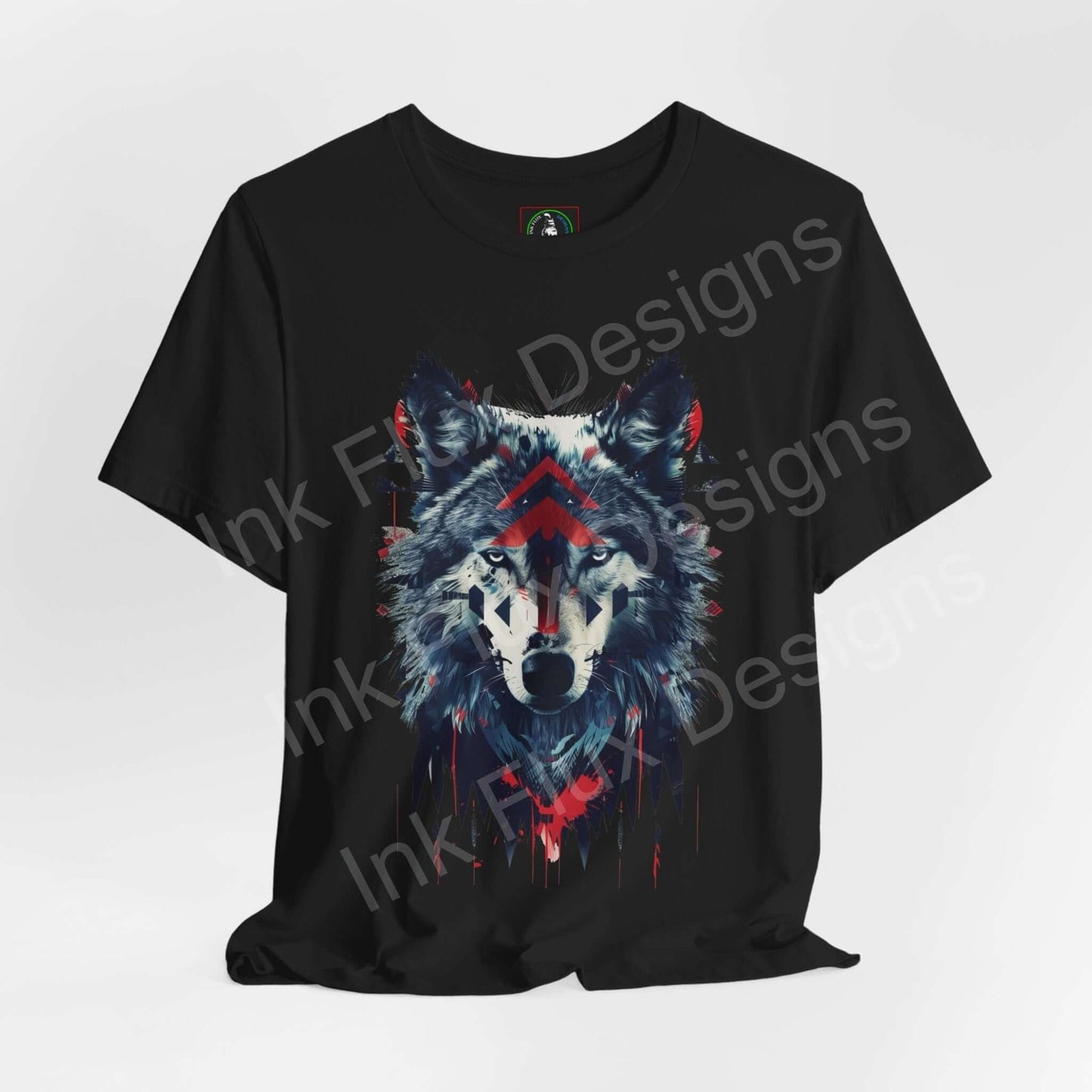 Black unisex jersey T-shirt featuring a vibrant graphic print of a wolf’s face with geometric and tribal elements, perfect for those interested in spirit animals and graphic tees.