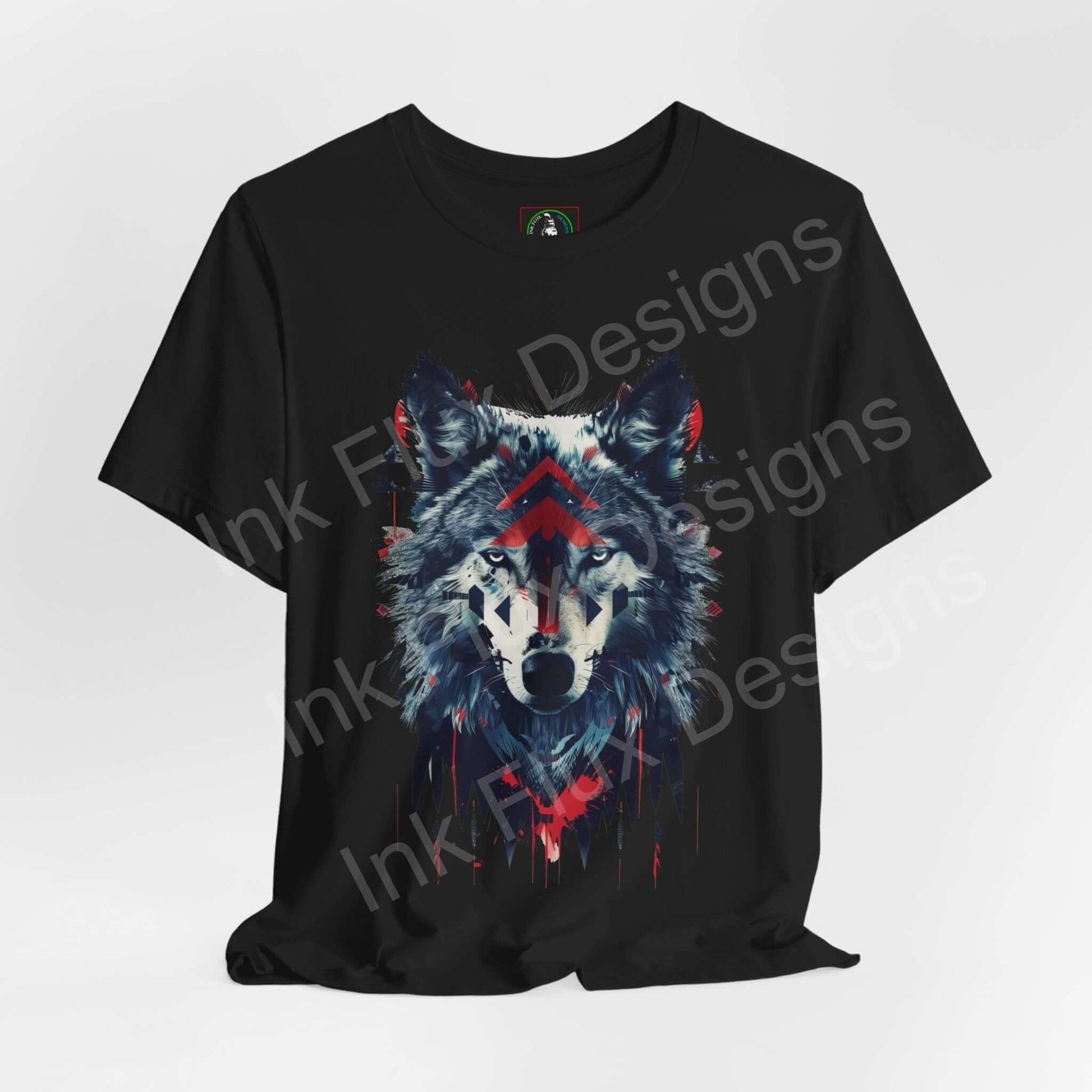 Black unisex jersey T-shirt featuring a vibrant graphic print of a wolf’s face with geometric and tribal elements, perfect for those interested in spirit animals and graphic tees.