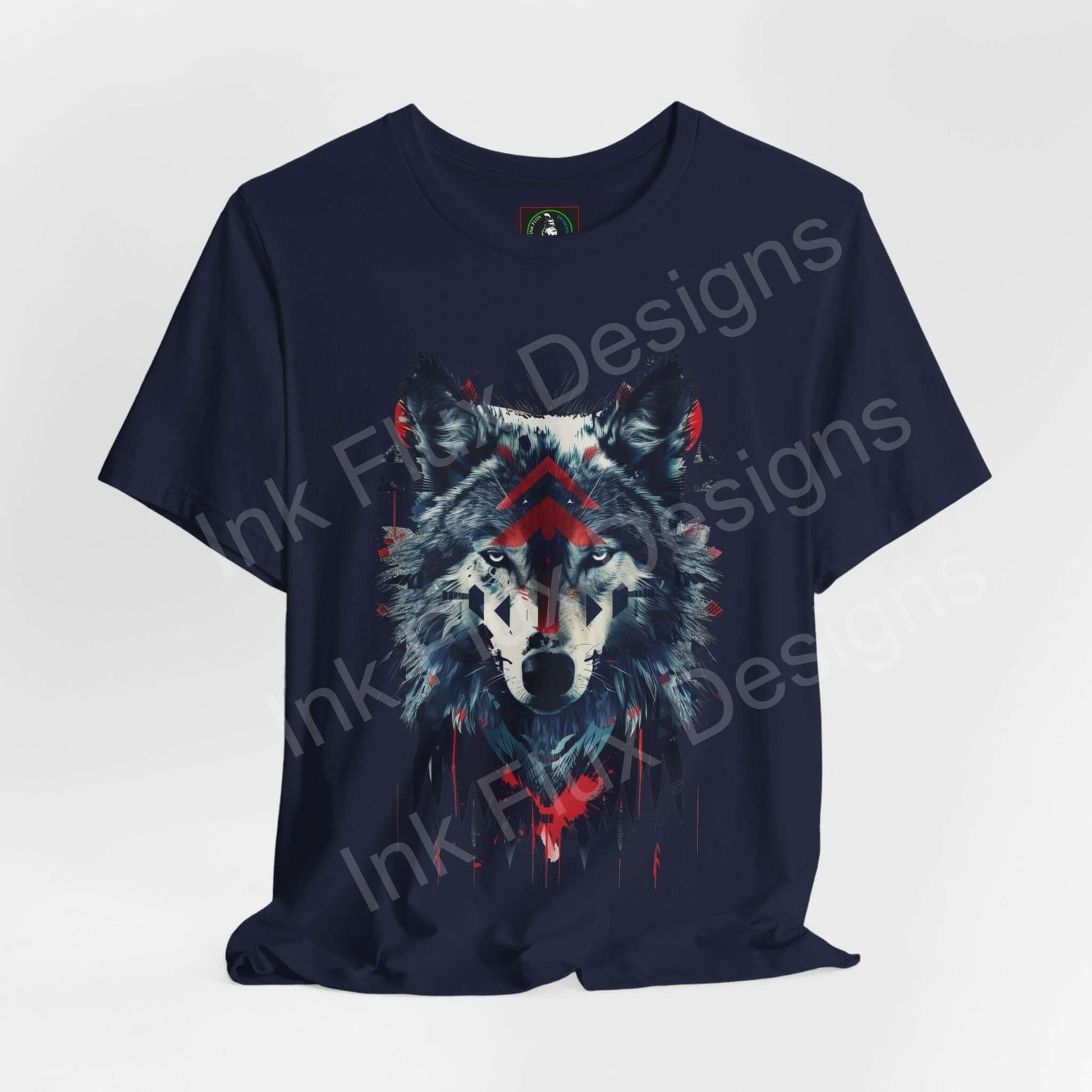 Unisex dark blue graphic T-shirt featuring a vibrant Wolf Spirit I design, perfect for lovers of spirit animals and stylish, comfortable tees.