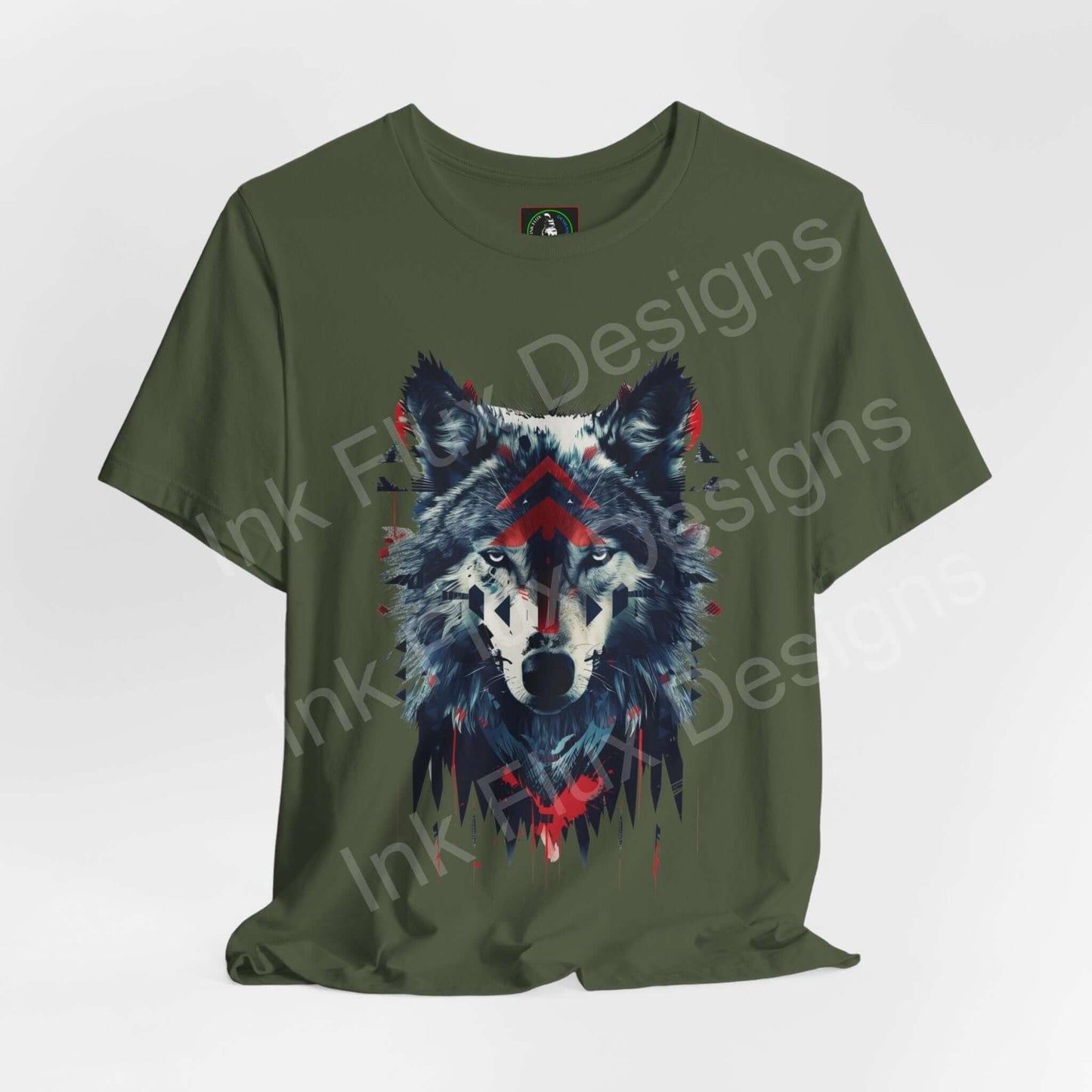 Green unisex jersey T-shirt featuring a vibrant graphic of a wolf spirit, ideal for fans of spirit animals and ethically made graphic tees.