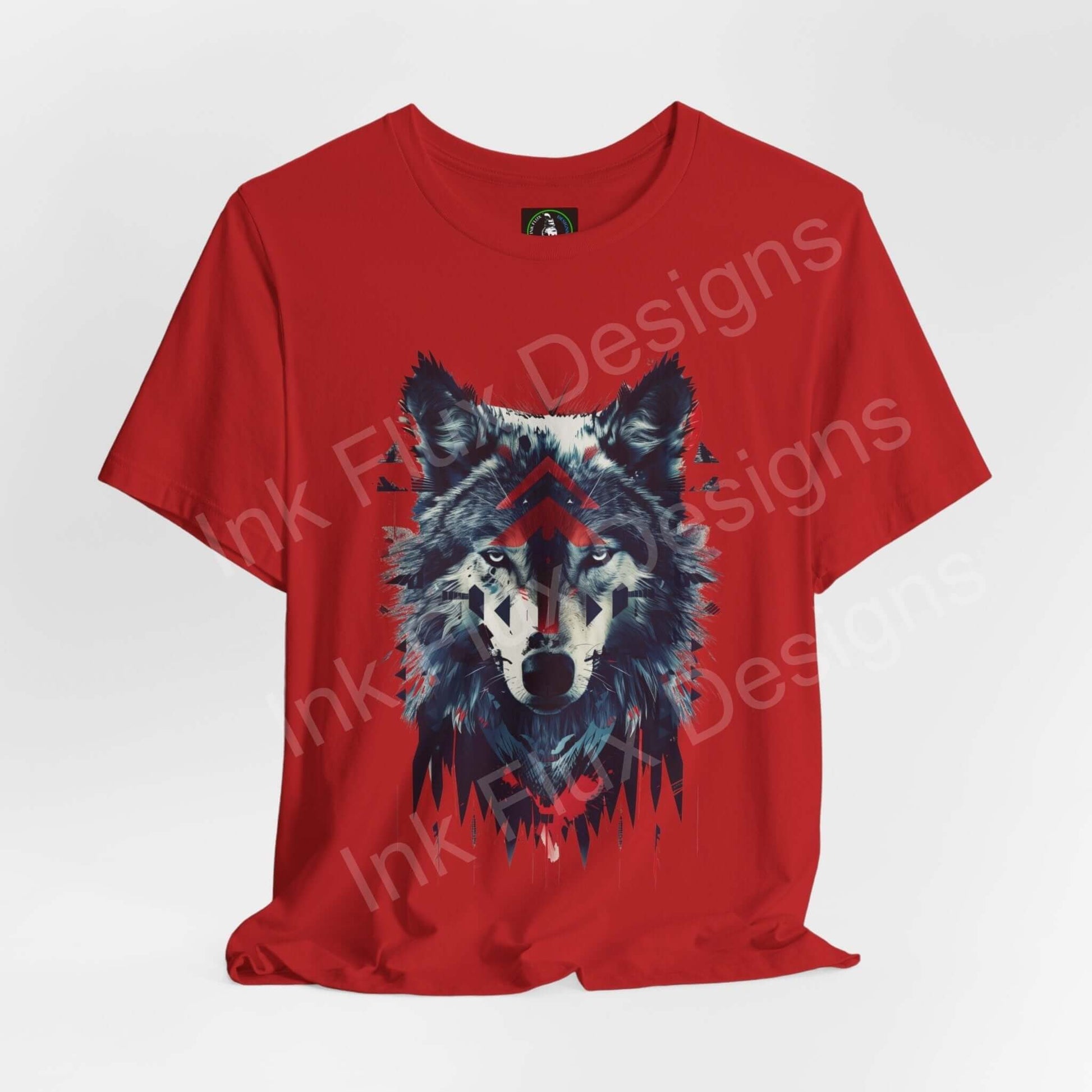 Red unisex jersey T-shirt featuring a vibrant graphic of a wolf spirit, crafted by Bella+Canvas, ideal for fans of spirit animals and graphic tees.