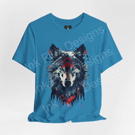 Vibrant blue unisex T-shirt featuring a detailed wolf spirit graphic, ideal for lovers of spirit animals and graphic tees.