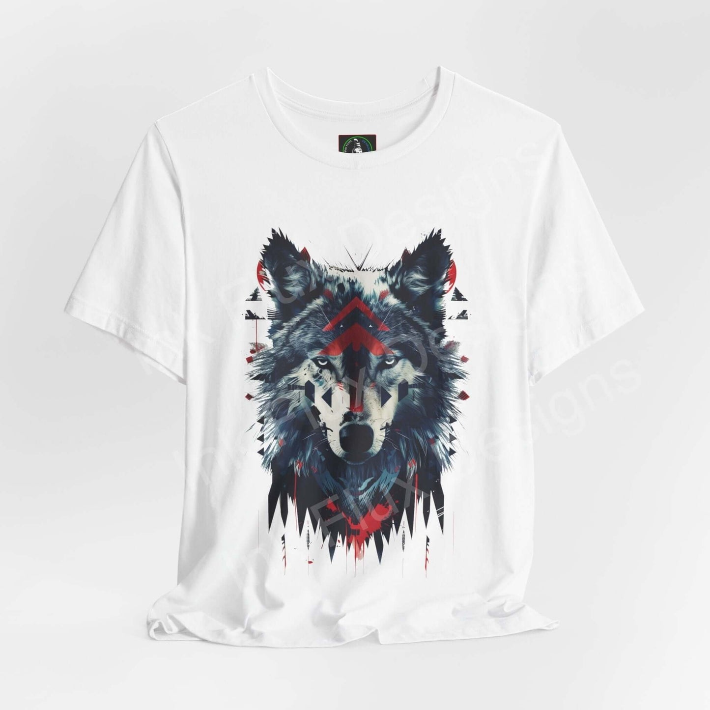 White unisex jersey T-shirt featuring a vivid graphic of a wolf spirit in cool tones, perfect for lovers of spirit animals and graphic tees.