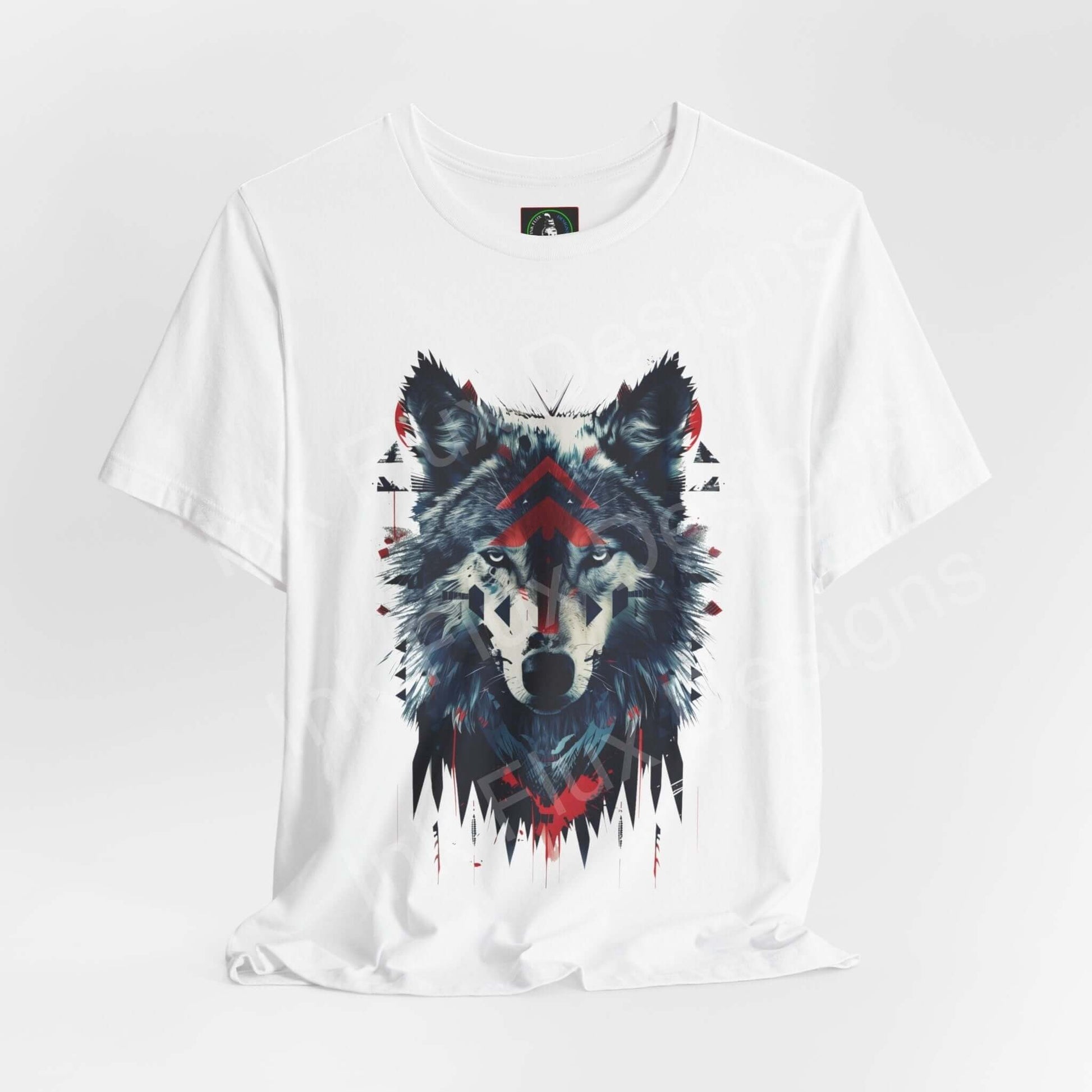 White unisex jersey T-shirt featuring a vivid graphic of a wolf spirit in cool tones, perfect for lovers of spirit animals and graphic tees.