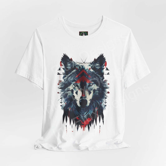 White unisex jersey T-shirt featuring a vivid graphic of a wolf spirit in cool tones, perfect for lovers of spirit animals and graphic tees.