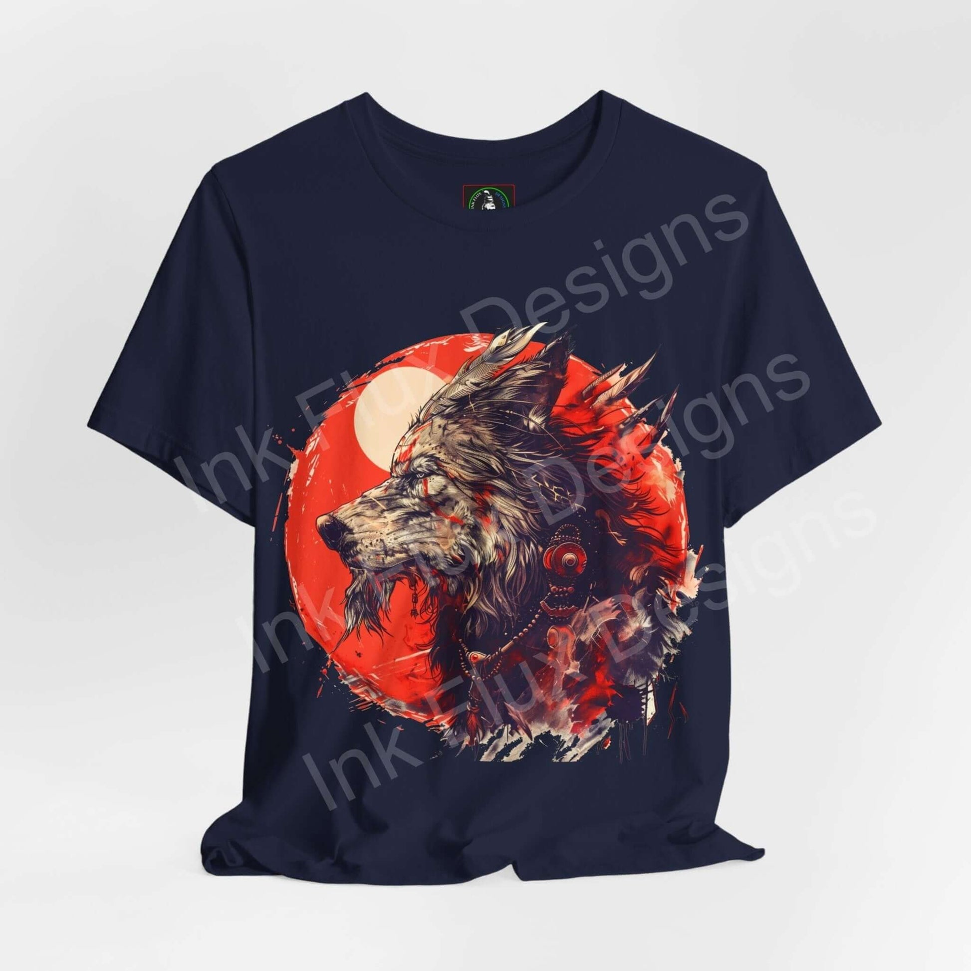 Wolf Spirit II graphic tee featuring a vibrant wolf design on a navy T-shirt, perfect for fans of spirit animals and stylish, ethically made apparel.