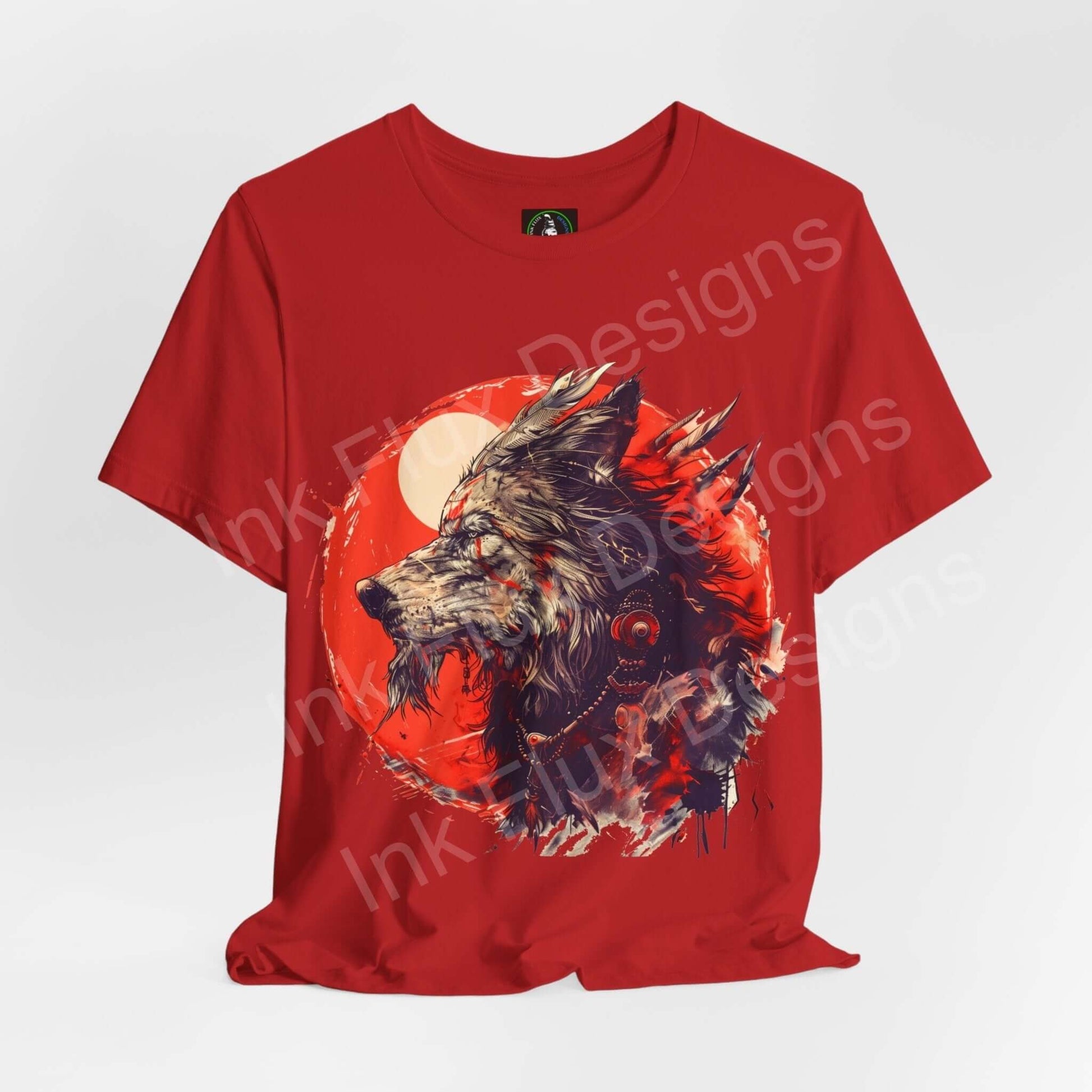 Red graphic tee with a detailed wolf spirit design in front of a moon, symbolizing spirit animals, perfect for T-shirt enthusiasts.