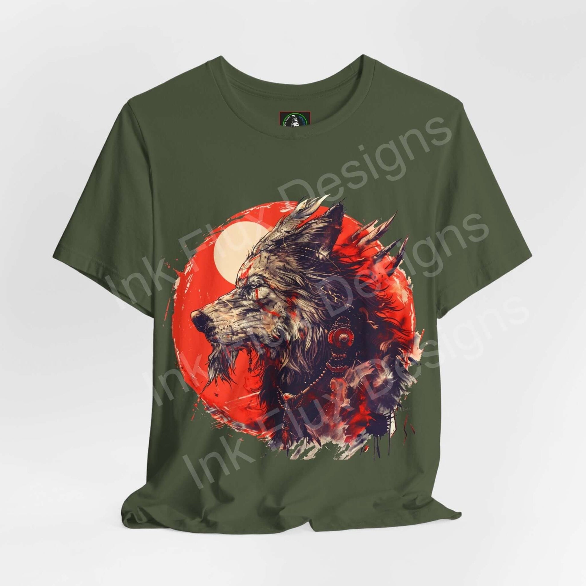 Green unisex T-shirt featuring a graphic design of a wolf with vibrant red and white accents, titled 'Wolf spirit II', from Bella+Canvas.