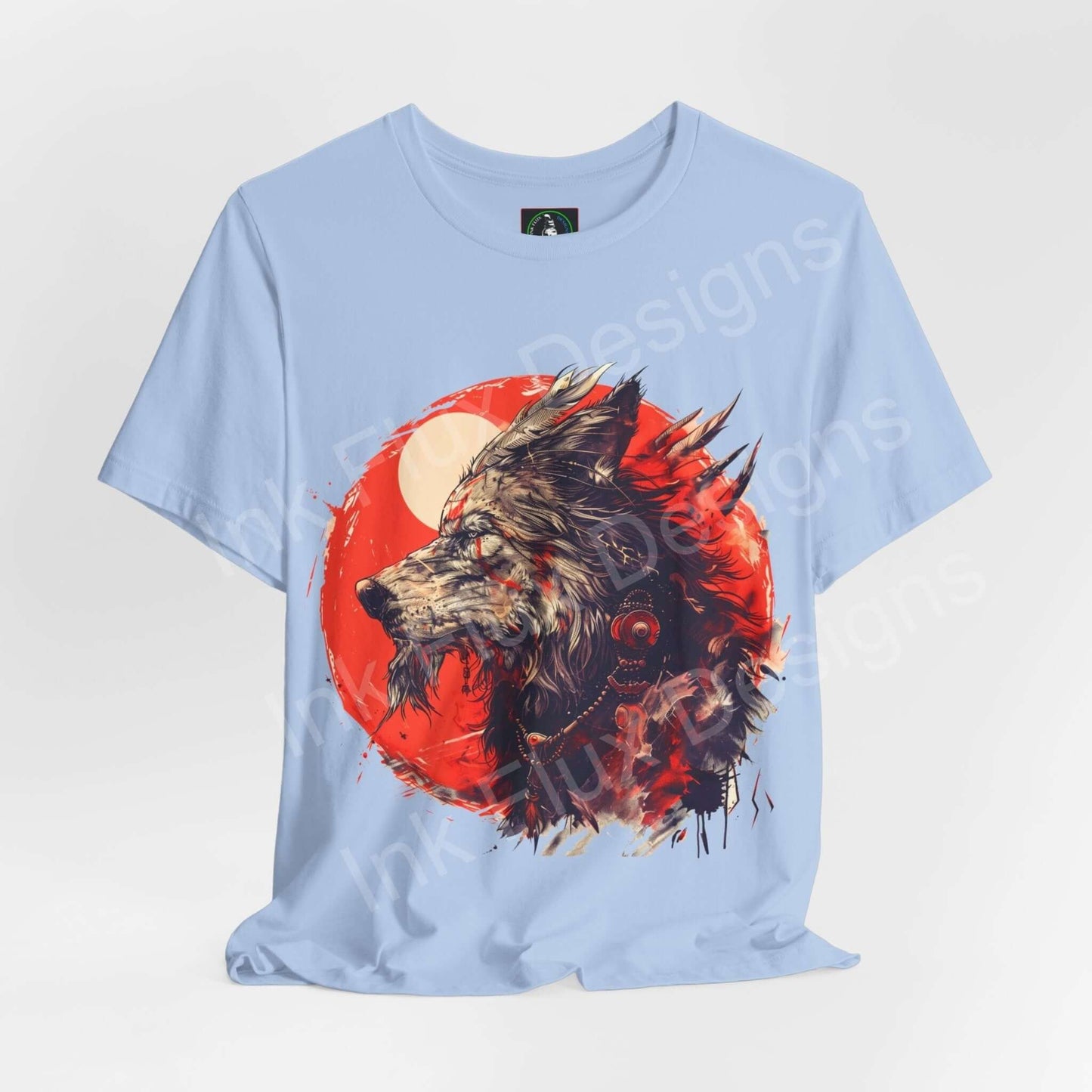 Unisex light blue T-shirt featuring a dynamic graphic of a wolf spirit in red and orange tones, ideal for lovers of spirit animals and graphic tees.