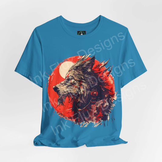 Blue unisex T-shirt featuring a vibrant graphic of a wolf spirit, with a full moon and red accents, from Bella+Canvas.