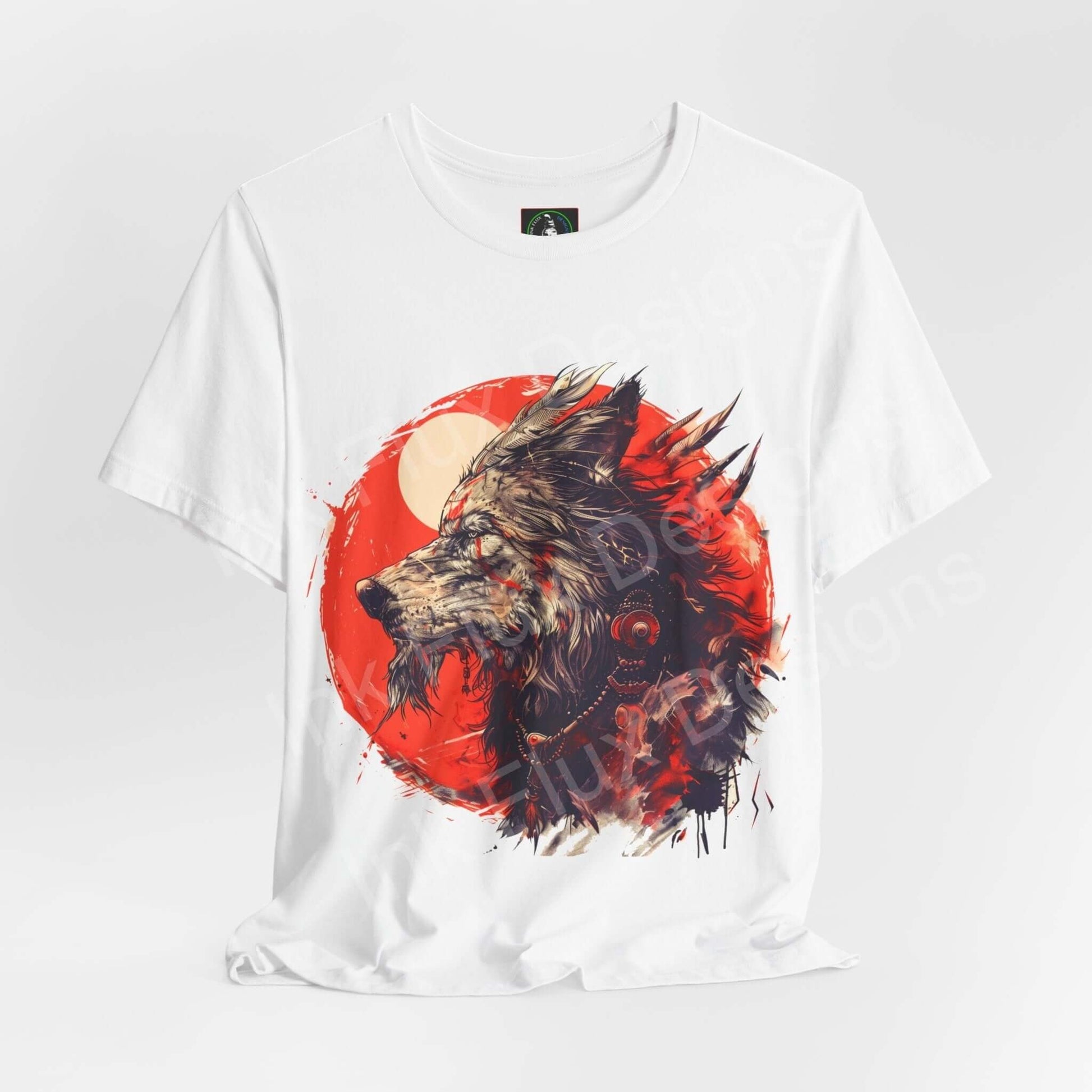 White graphic tee featuring a vibrant Wolf Spirit II design with a red background, ideal for lovers of spirit animals and stylish T-shirts.