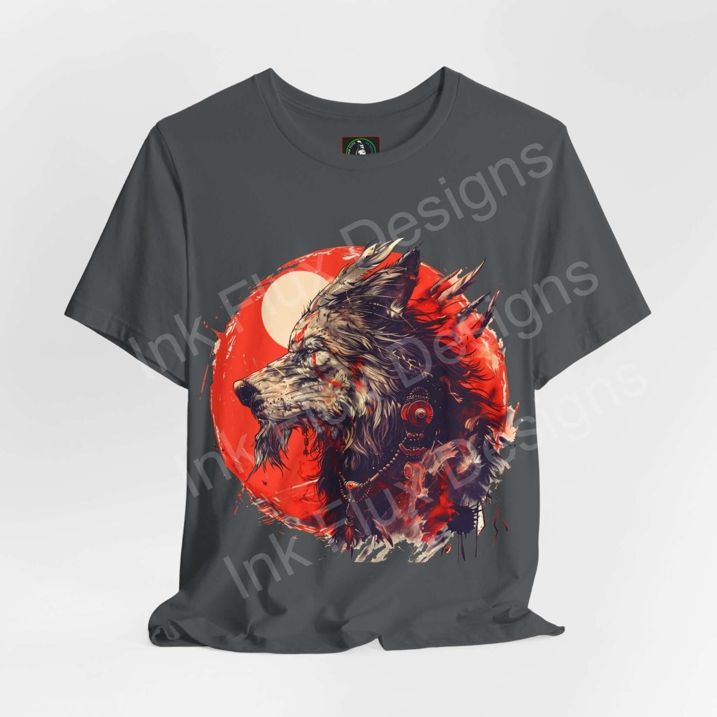 Graphic tee featuring a stylized wolf spirit design in red and black on a gray shirt, ideal for fans of spirit animals and unique T-shirts.