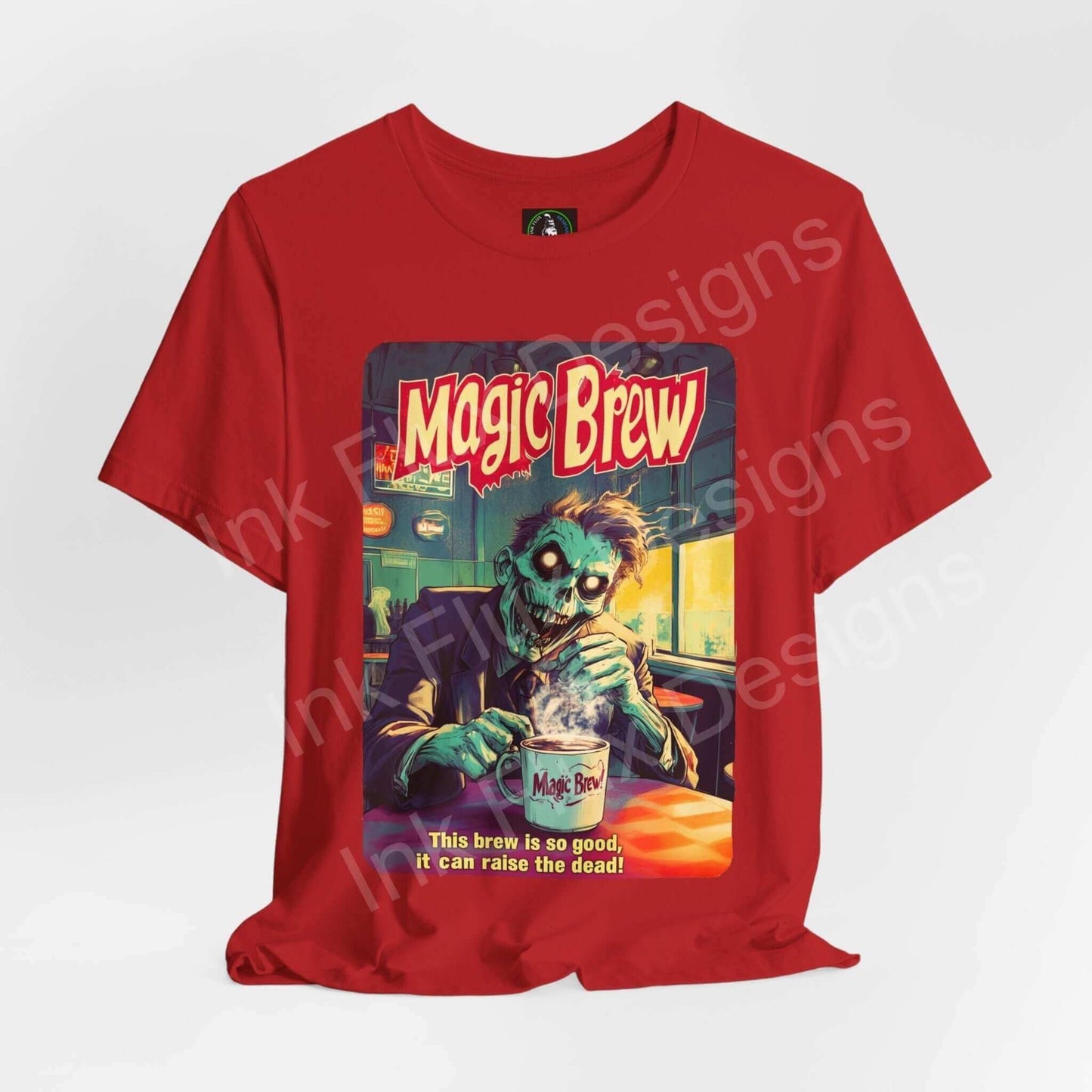 Halloween-themed red T-shirt with Zombie Magic Brew graphic design, featuring a zombie and comic style text.