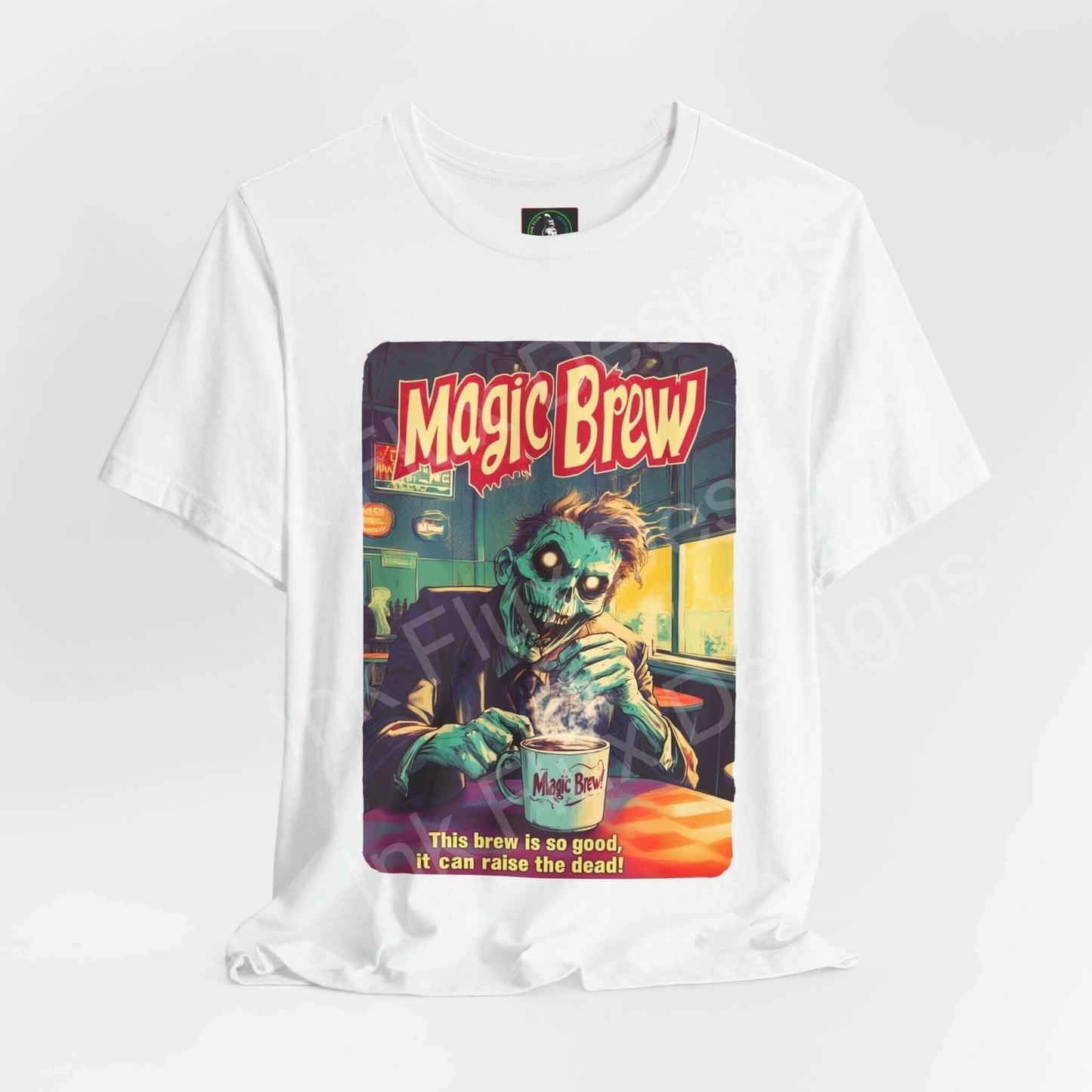 Halloween-themed graphic tee featuring "Zombie Magic Brew" design, ideal for festive occasions, crafted by Bella+Canvas.