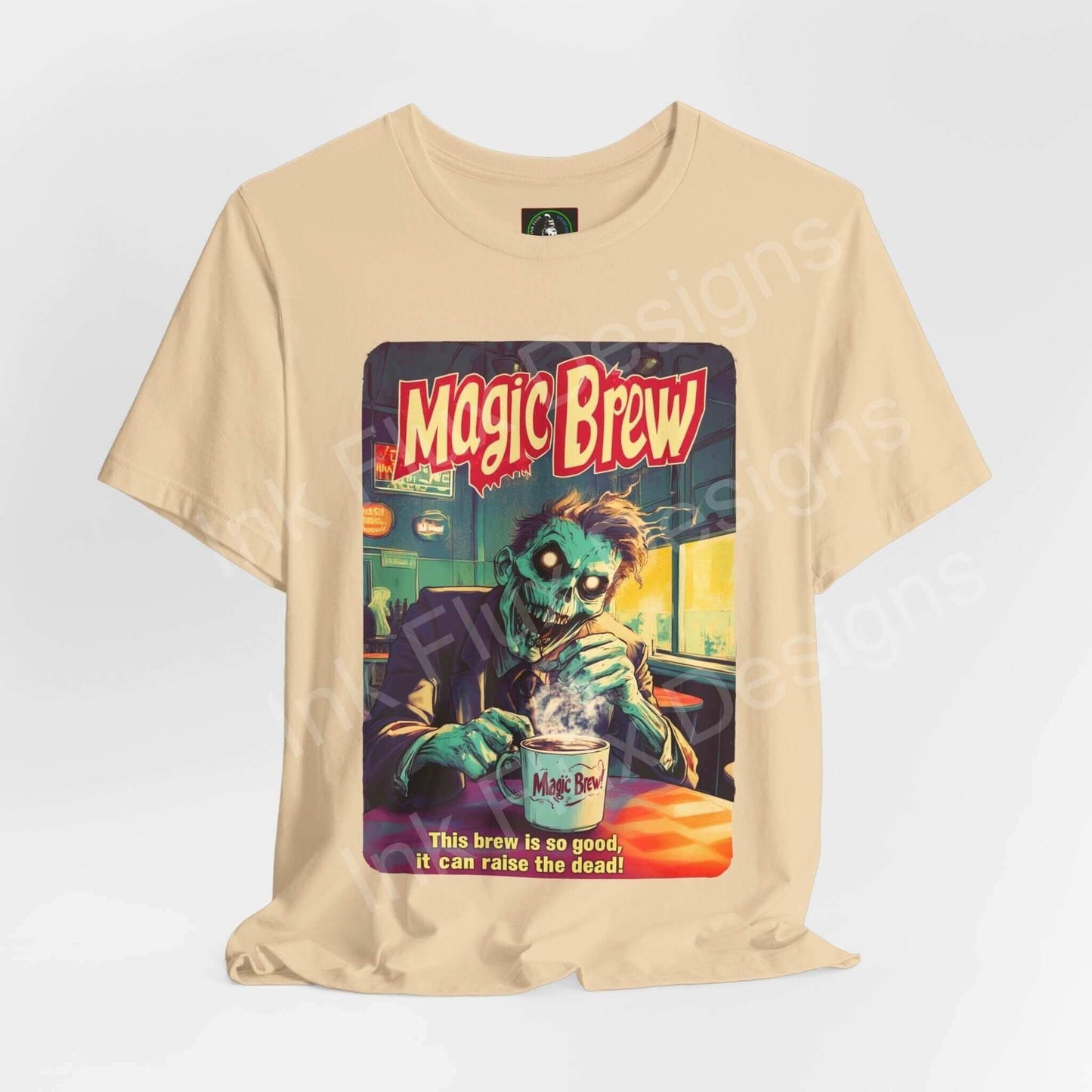 Zombie Magic Brew graphic tee, Halloween-themed unisex T-shirt with vintage zombie poster design on beige background.