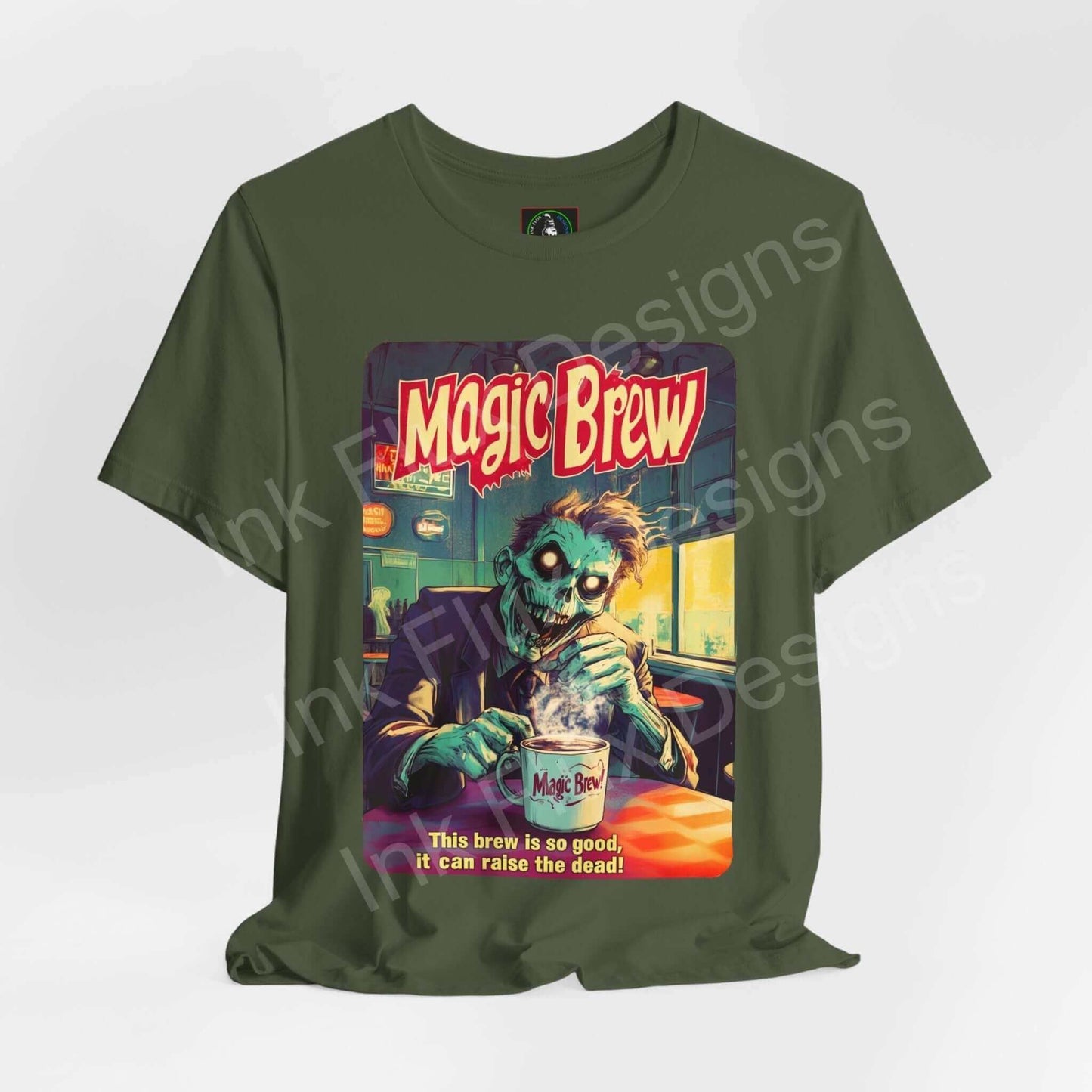 Halloween-themed Zombie Magic Brew graphic tee in green, featuring a zombie drinking a potion, perfect for costume parties or casual wear.