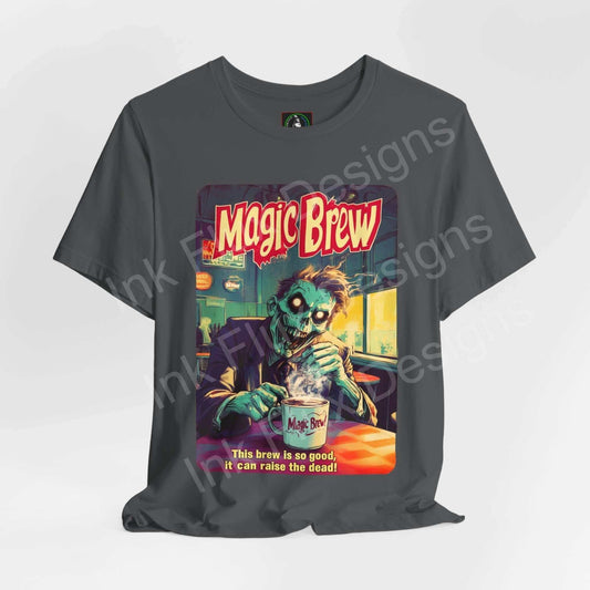 Halloween-themed Zombie Magic Brew graphic tee, featuring a zombie with a potion, in unisex jersey style by Bella+Canvas.