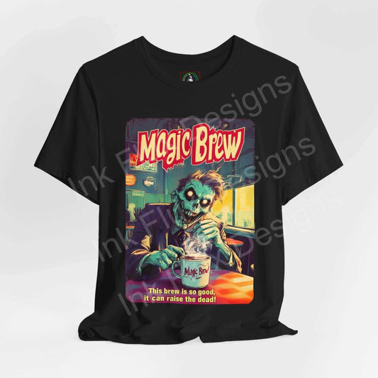 Halloween-themed Zombie Magic Brew graphic tee featuring a zombie enjoying a magical brew on a black unisex T-shirt.