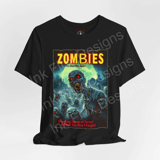 Halloween-themed graphic tee featuring a vibrant 'Zombies! The Dead Rise Again' design, perfect for fans of horror and graphic tees.