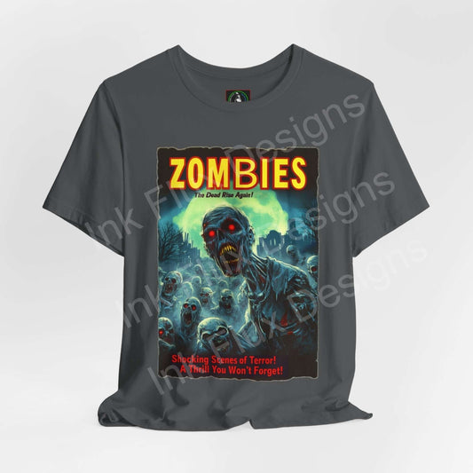 Halloween-themed graphic tee featuring a vibrant 'Zombies! The Dead Rise Again' poster design on grey unisex T-shirt, ideal for horror fans.