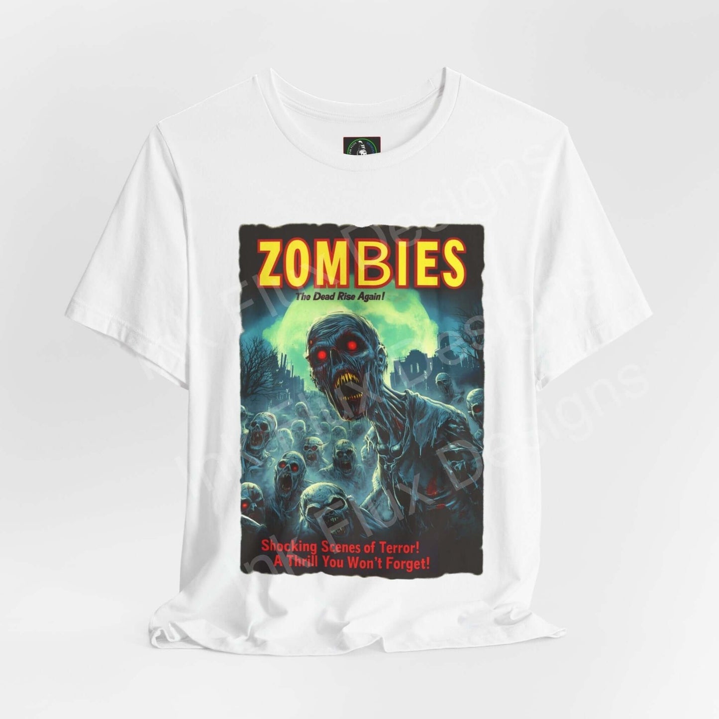 Unisex white graphic tee featuring a colorful "Zombies! The Dead Rise Again" design, ideal for Halloween and casual wear.
