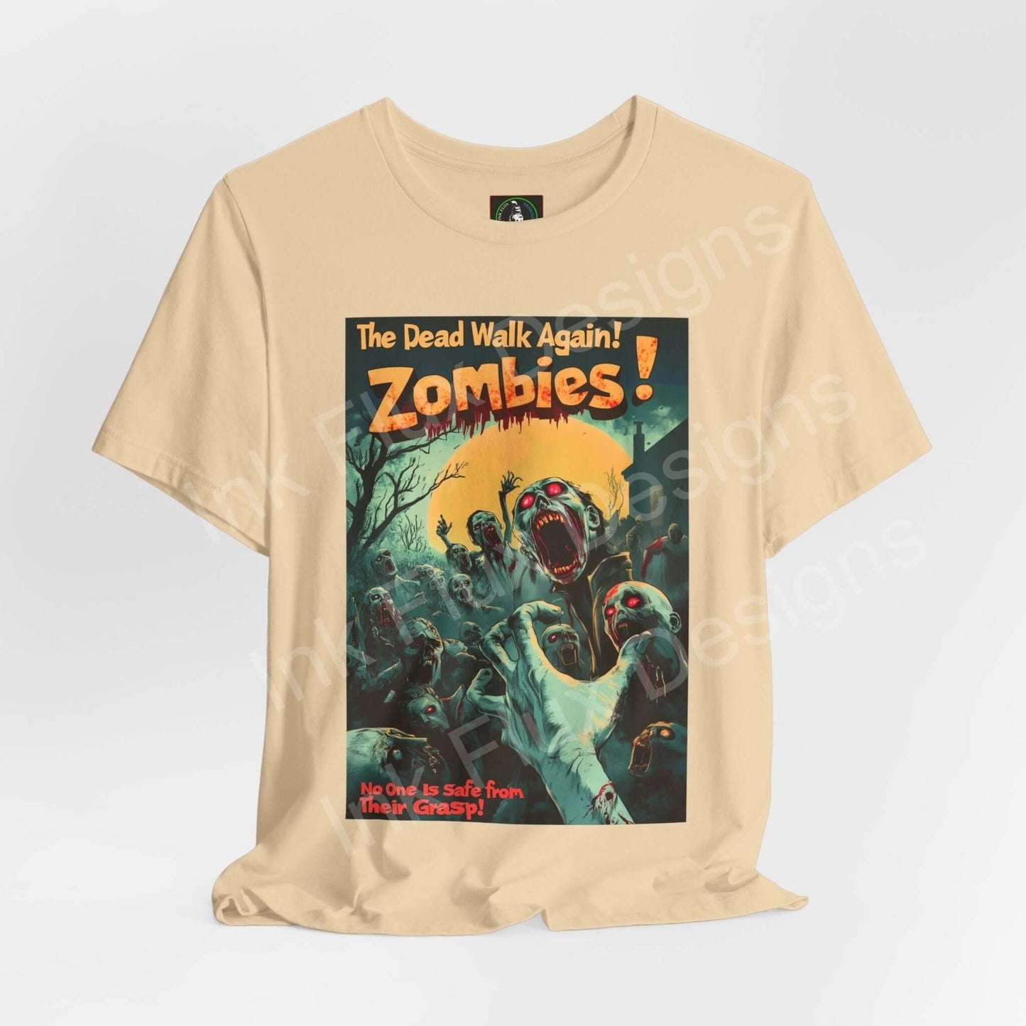 Beige Halloween graphic tee featuring "Zombies! The Dead Walk Again" comic-style print, ideal for both style and comfort.