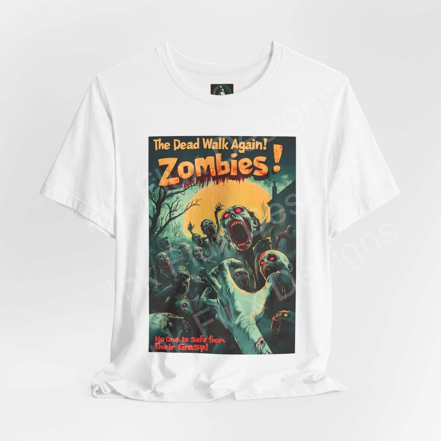 "Zombies! The Dead Walk Again" graphic tee on white unisex jersey, featuring vintage-style zombie art, perfect for Halloween.