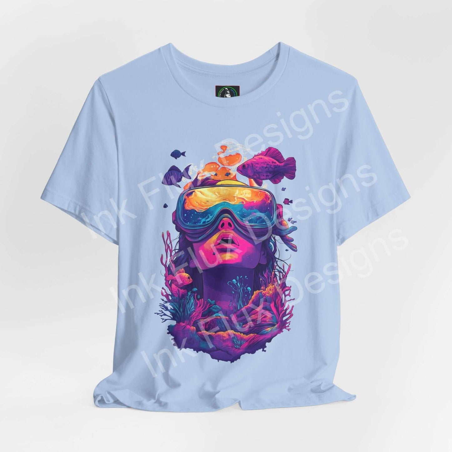 Aquatic Journey blue T-shirt featuring vibrant underwater design by Ink Flux Designs, perfect for casual wear.